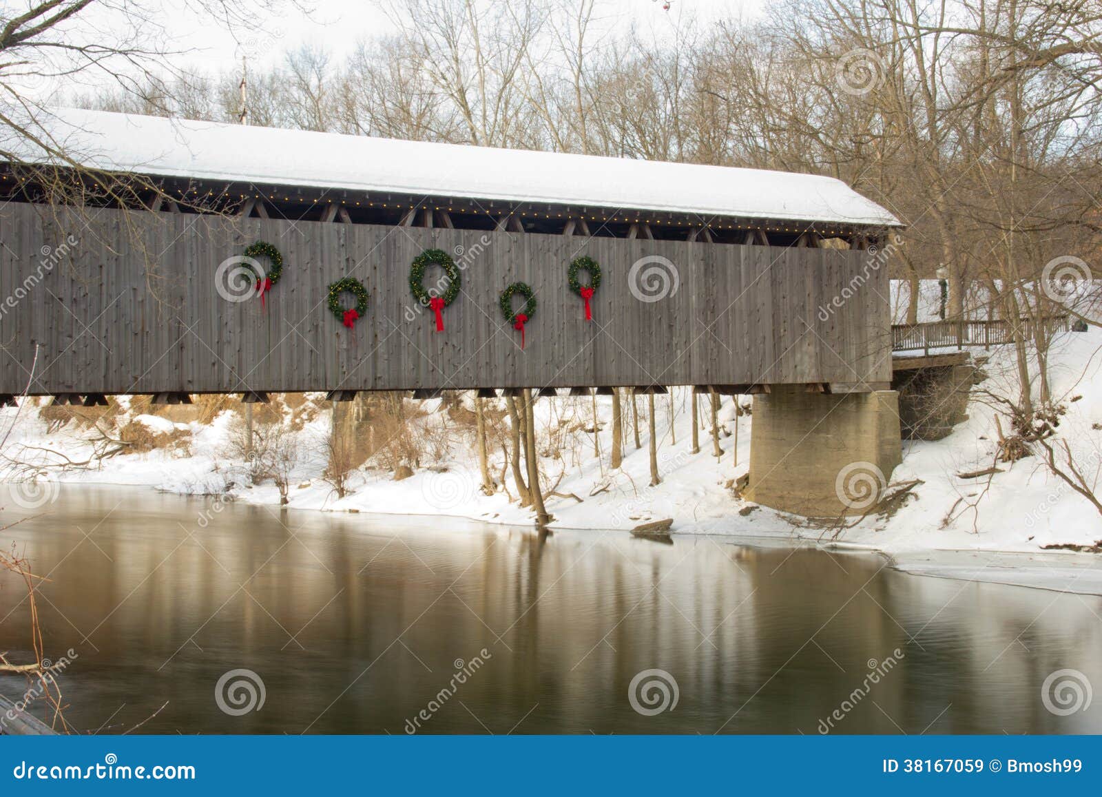Covered Bridge in Ada Michigan Stock Image Image of river, wreath
