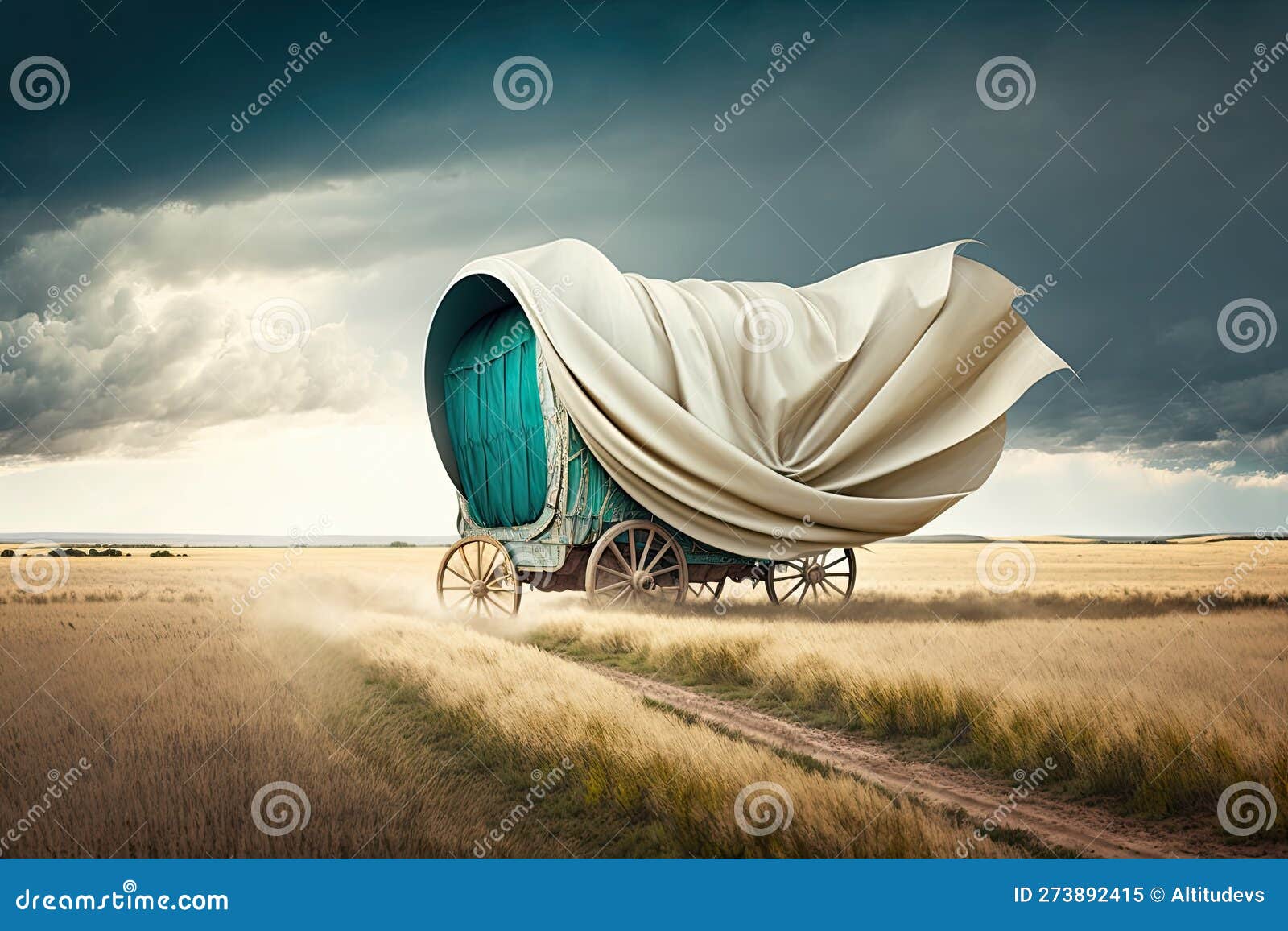 Covered Wagon Speeding Across Open Field with the Wind in Its Sails Stock Image Image of wagon