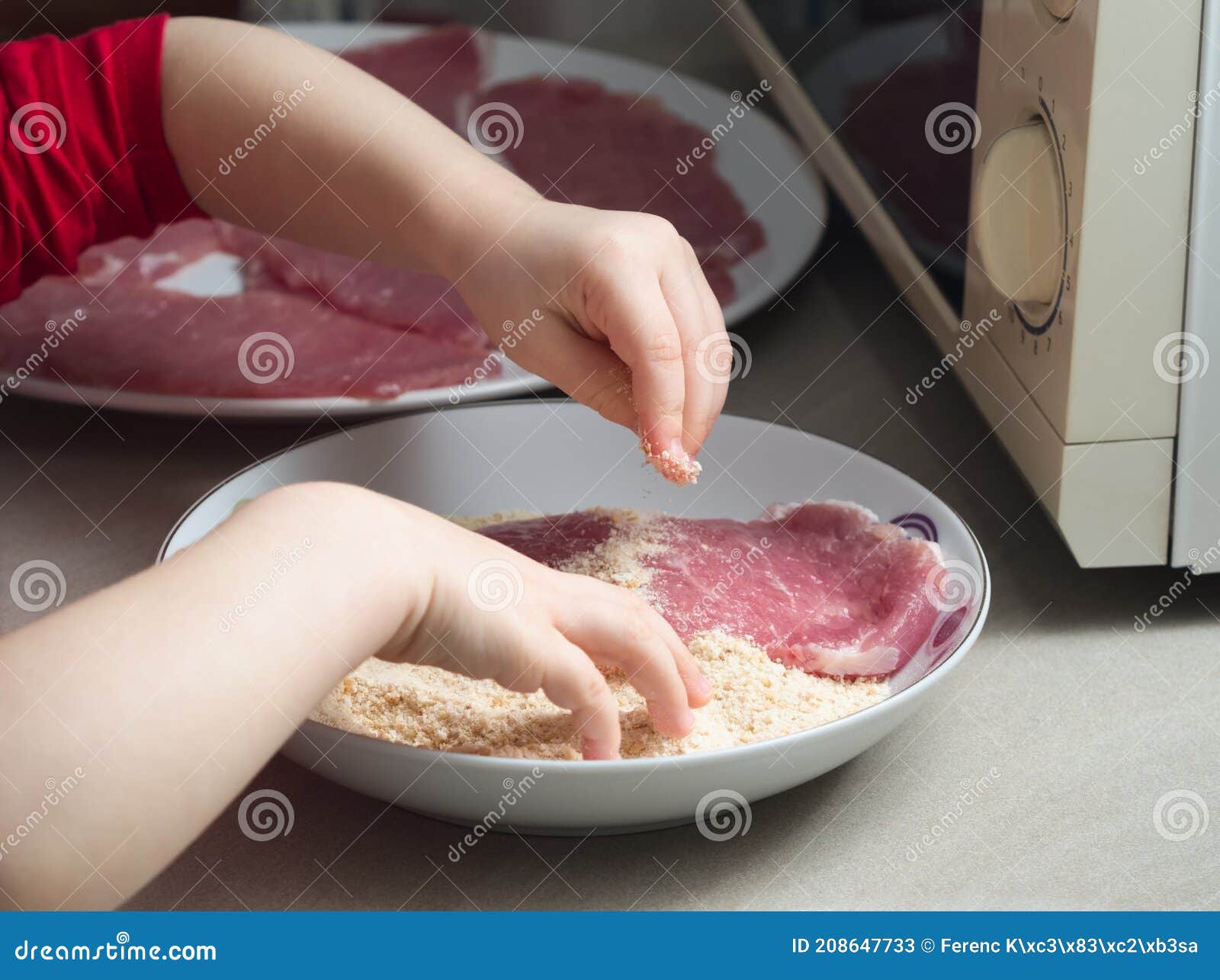Covering Meat with Breadcrumbs Stock Image Image of indoors, dish
