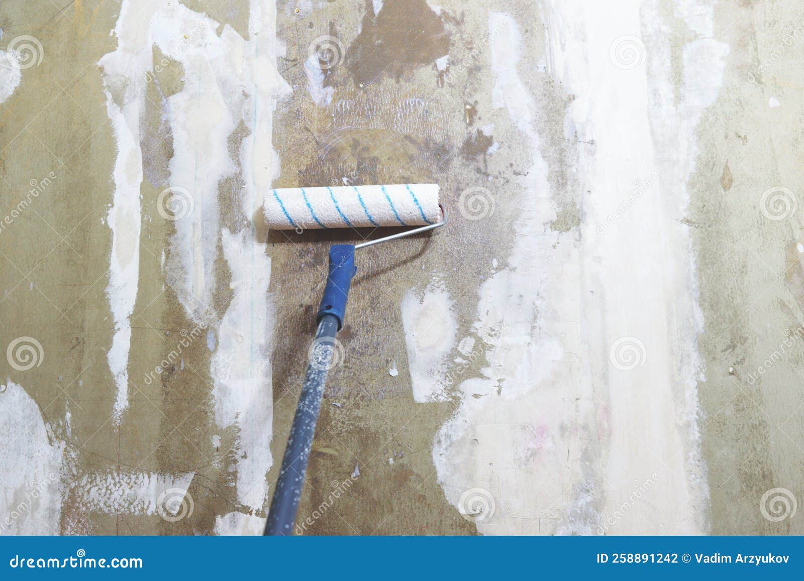 Covering the Plasterboard Wall with a Primer Using a Roller Stock Photo
