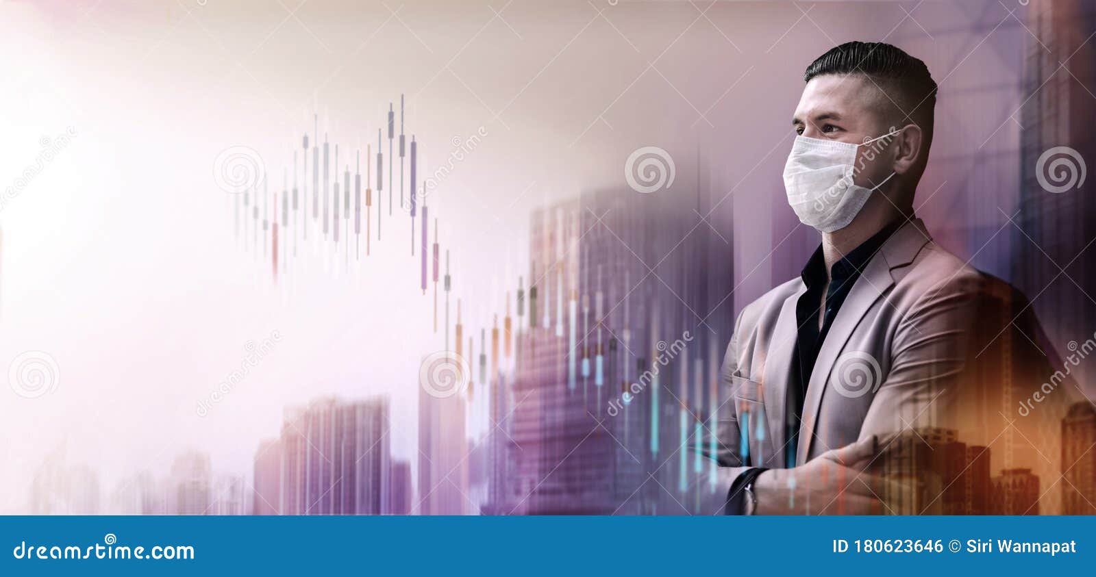 covid-19 or corona virus situation in business. businessman with surgical mask looking away. financial or economy crisis concept.