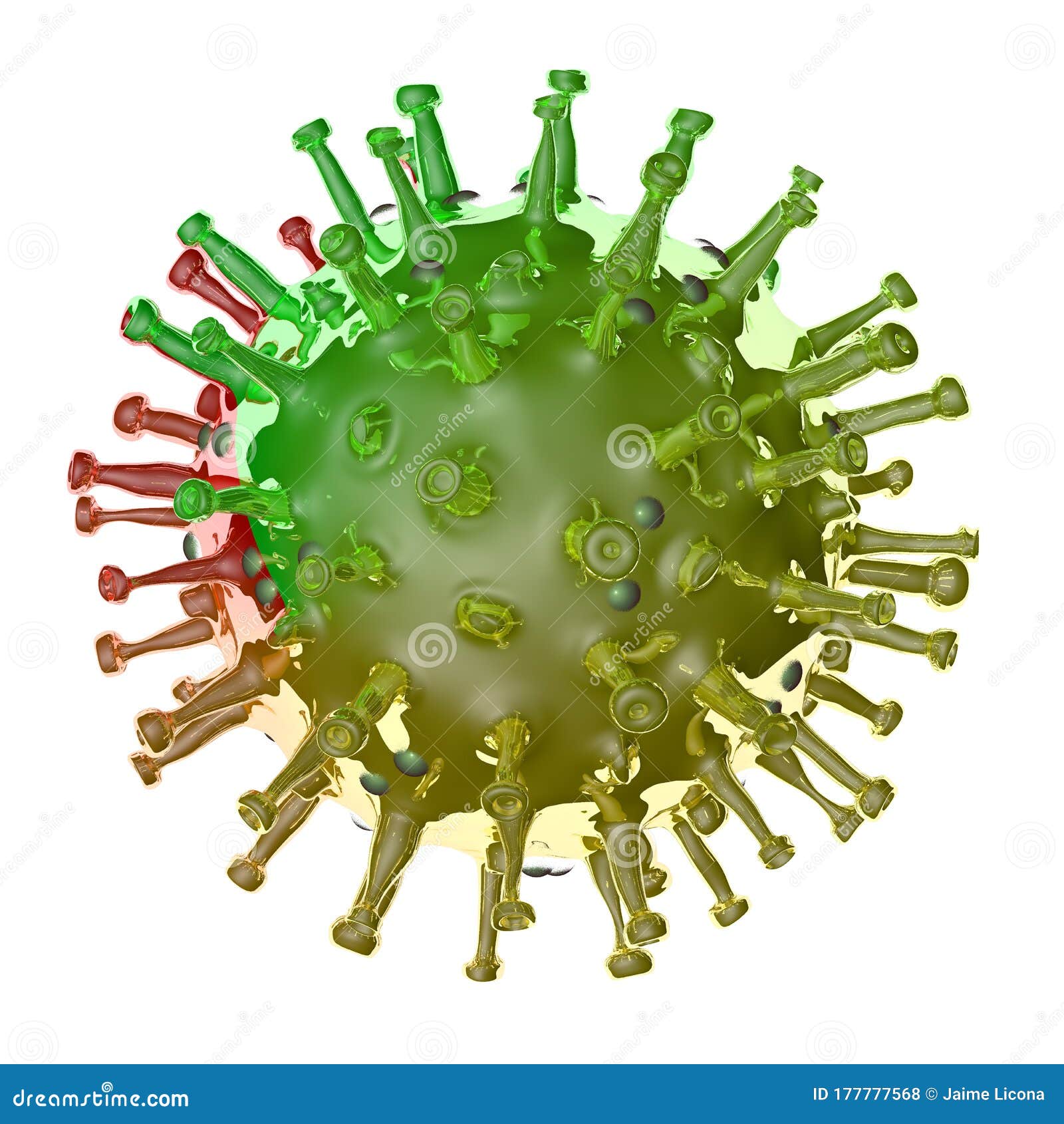 covid-19 coronavirus microscopic, green and red virus with white background