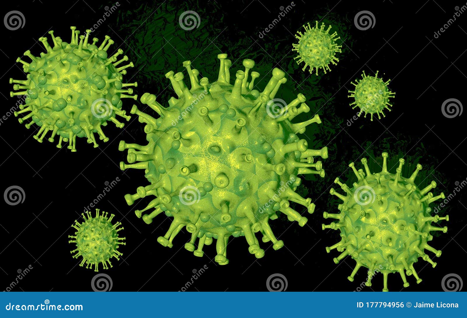 covid-19 coronavirus microscopic, green virus with black background