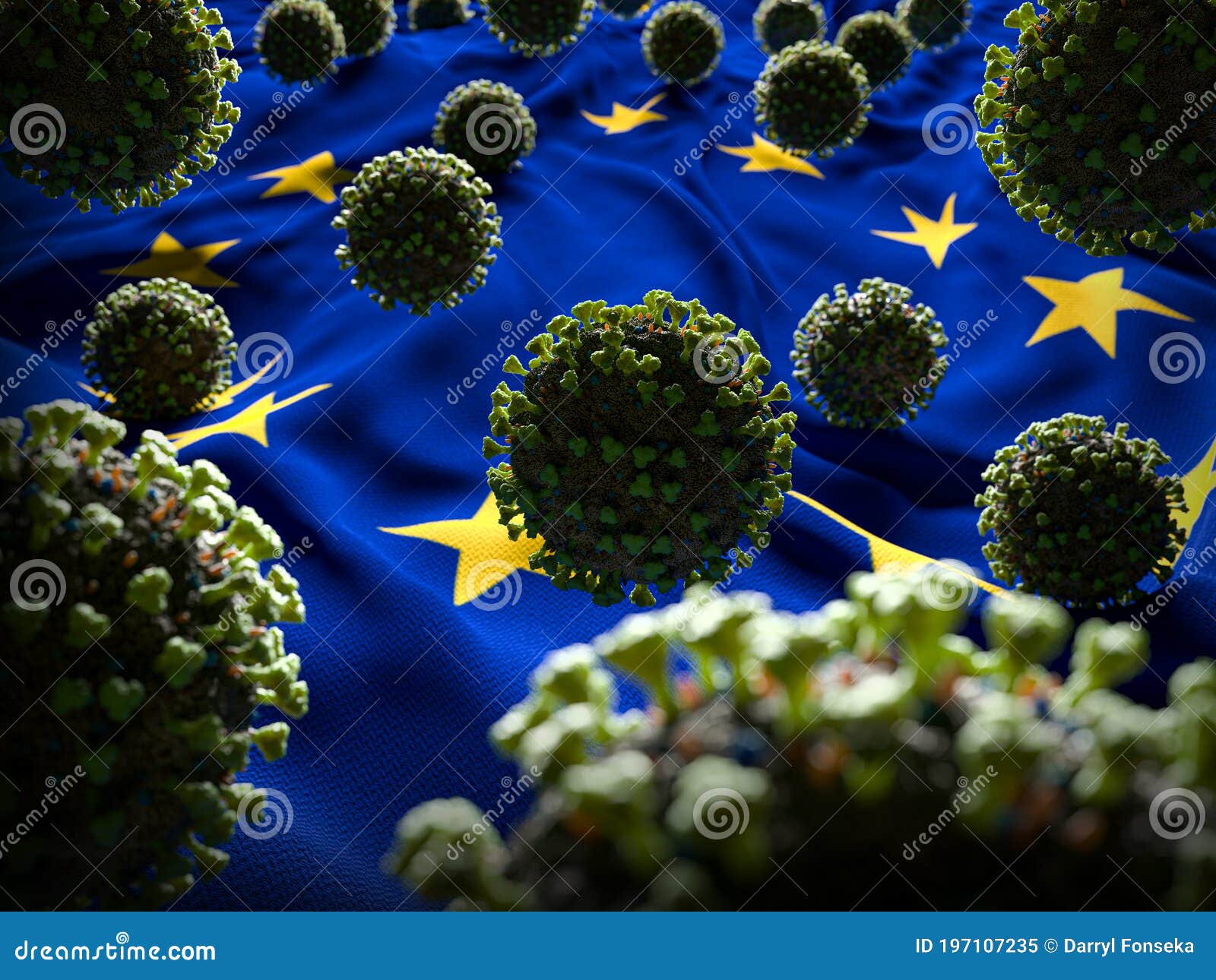 covid-19 coronavirus molecules on european union flag - health crisis rising covid cases - europe virus pandemic casualties