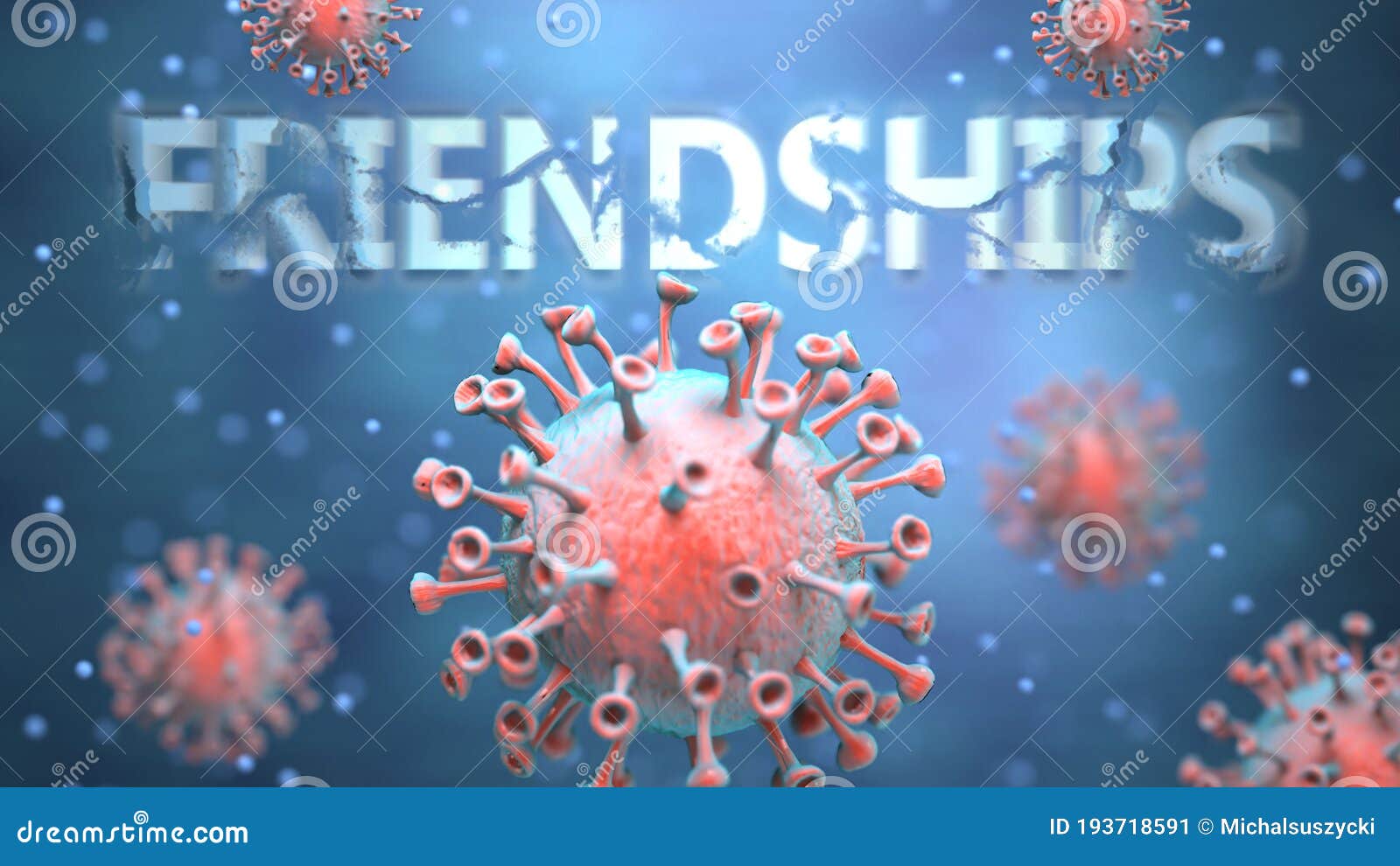 covid and friendships, pictured as red viruses attacking word friendships to ize turmoil, global world problems and the
