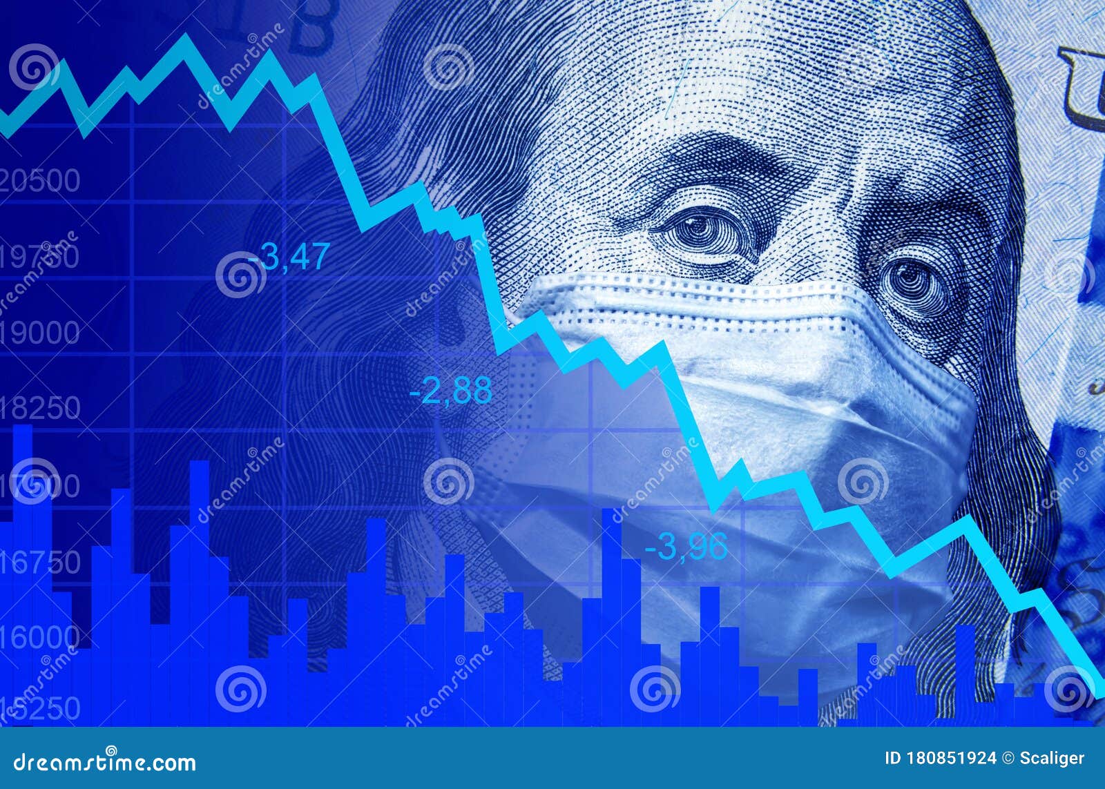 covid-19 impacts to business, dollar money and graph of stock market crash during coronavirus pandemic. world economy hits by