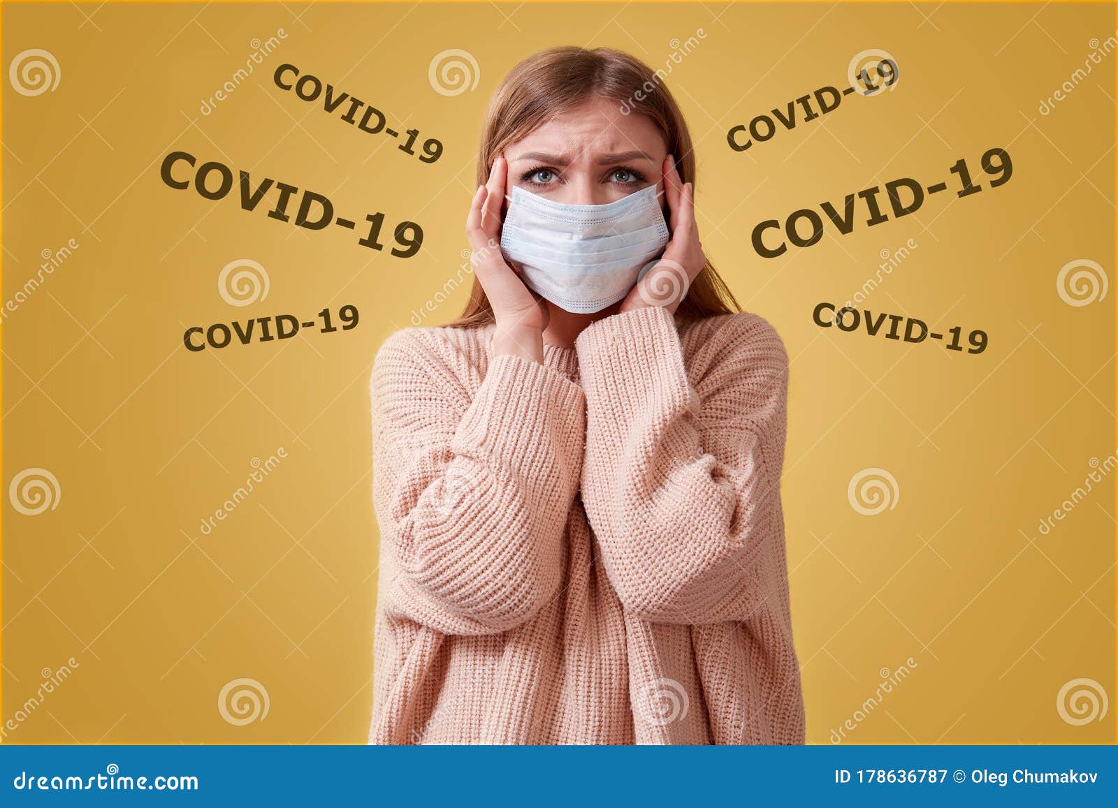 covid-19, pandemia. stop coronavirus. viral infection. sars cov 2. seasonal infections. shocked woman in medical mask