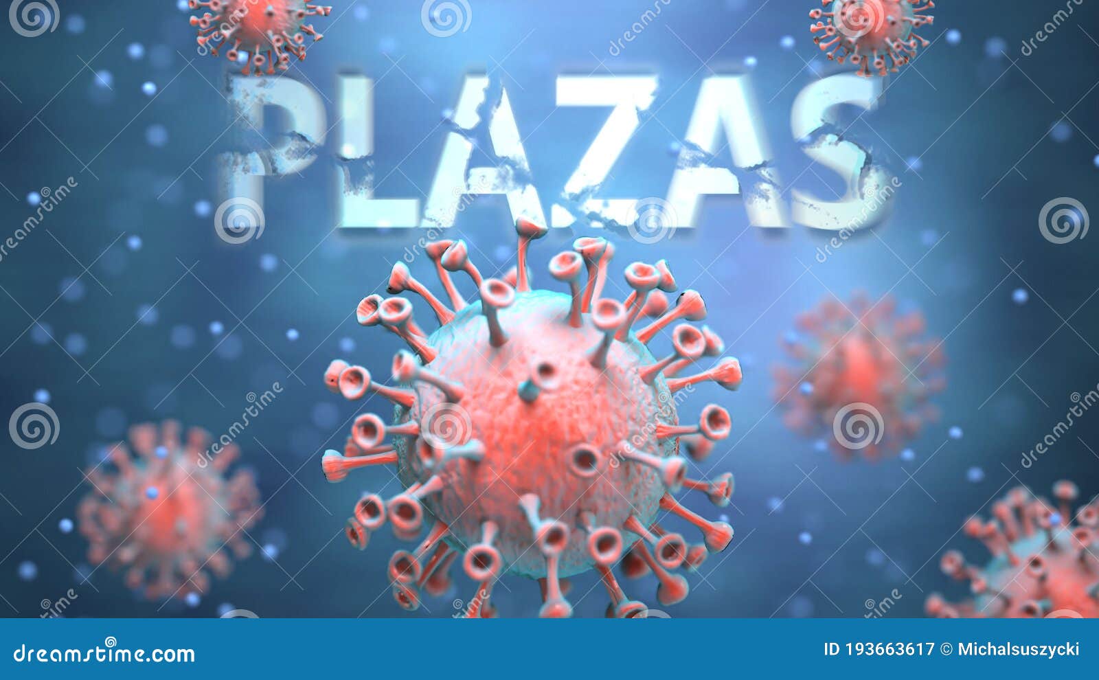 covid and plazas, pictured as red viruses attacking word plazas to ize turmoil, global world problems and the relation