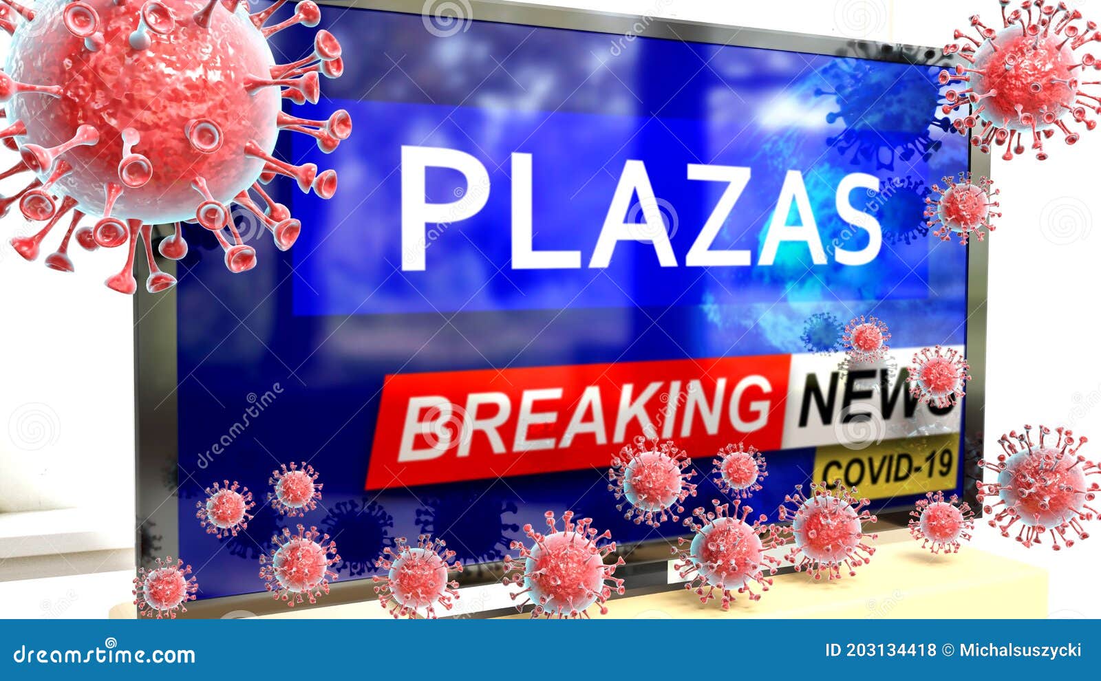 covid, plazas and a tv set showing breaking news - pictured as a tv set with corona plazas news and deadly viruses around