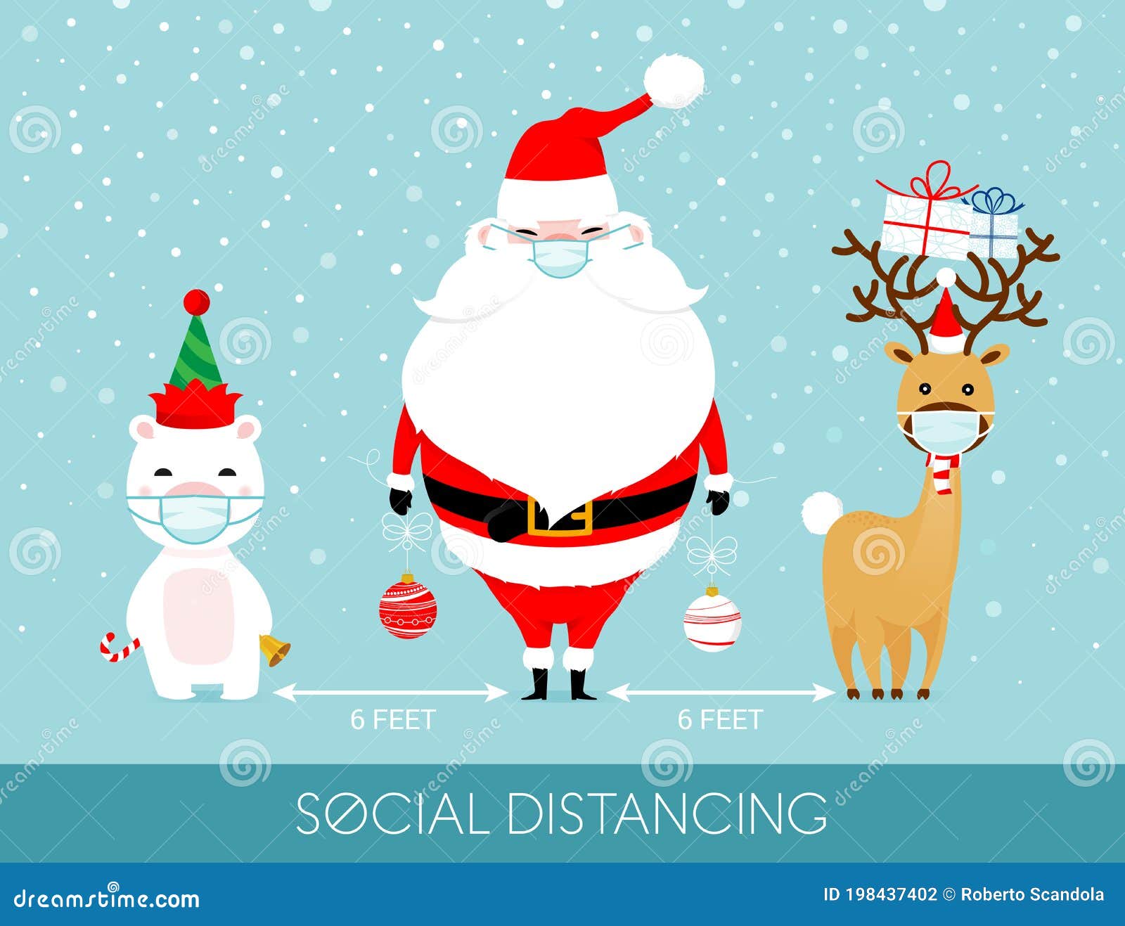 Covid 19 And Social Distancing Infographic With Cute Christmas Cartoon Character Stock Vector Illustration Of Flat Cartoon 198437402