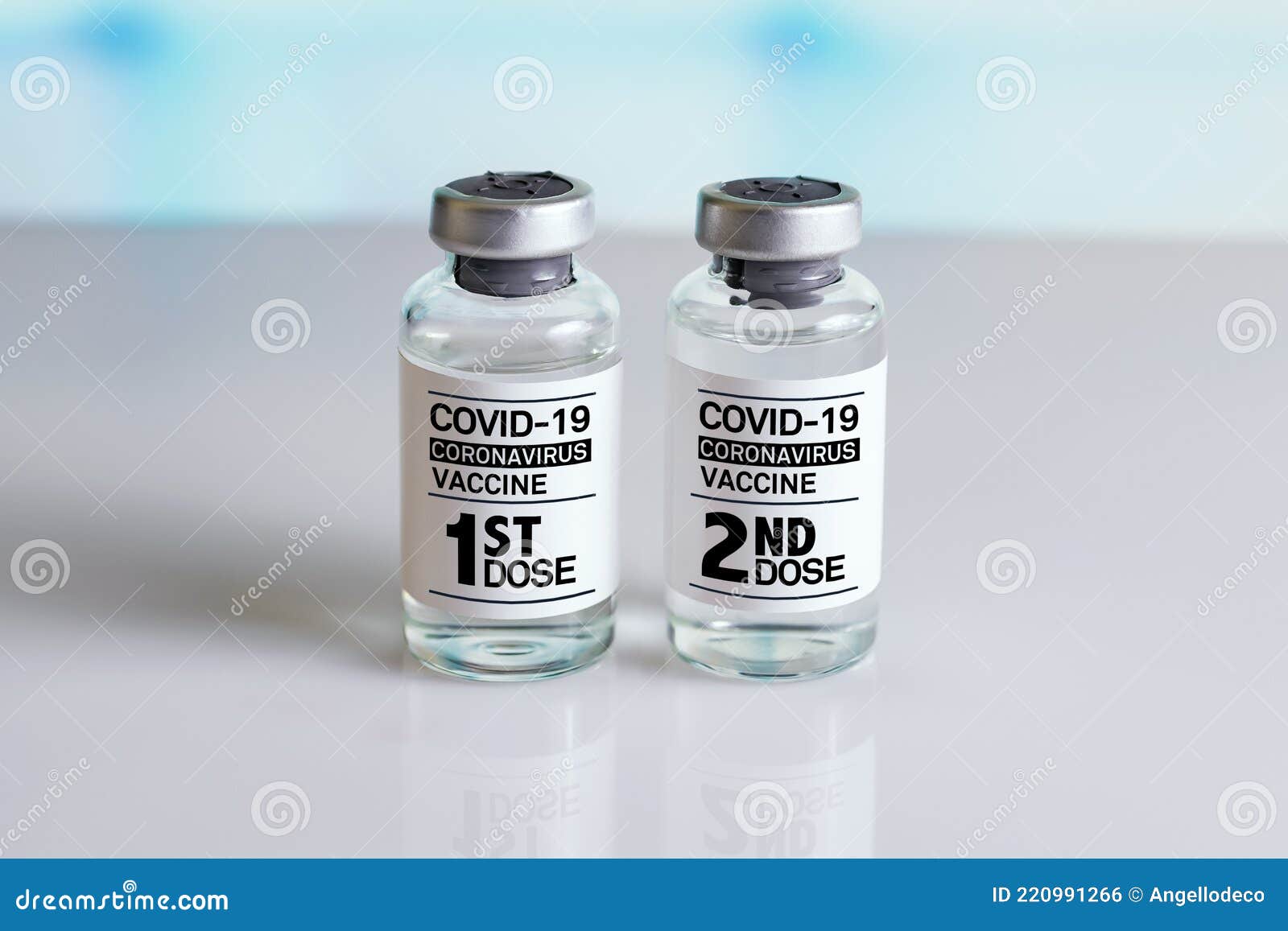 covid-19 vaccine vials that require 2 injections tagged with 1st 2nd dose