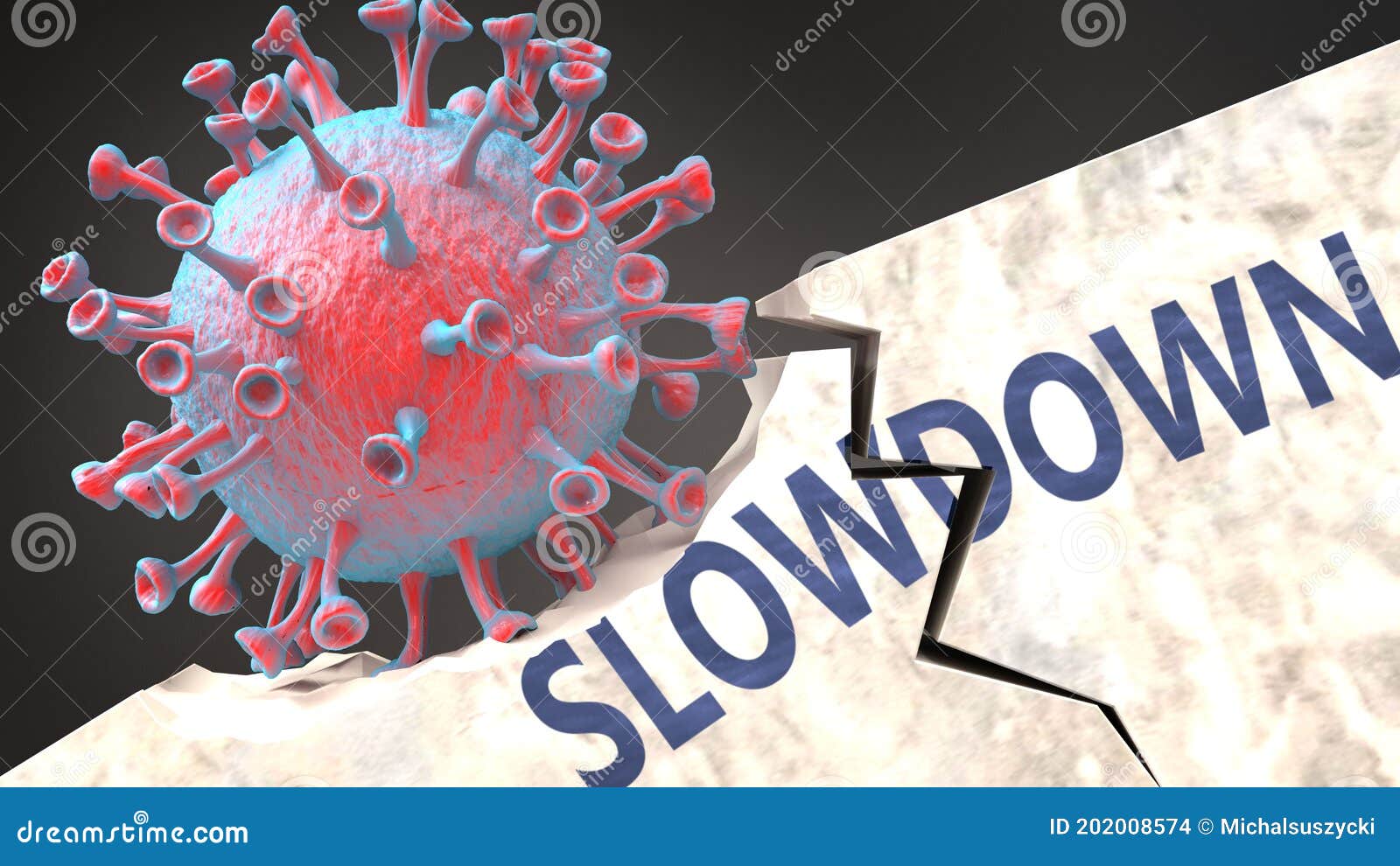 covid virus causing slowdown, breaking an established and sturdy structure creating slowdown in the world, 3d 