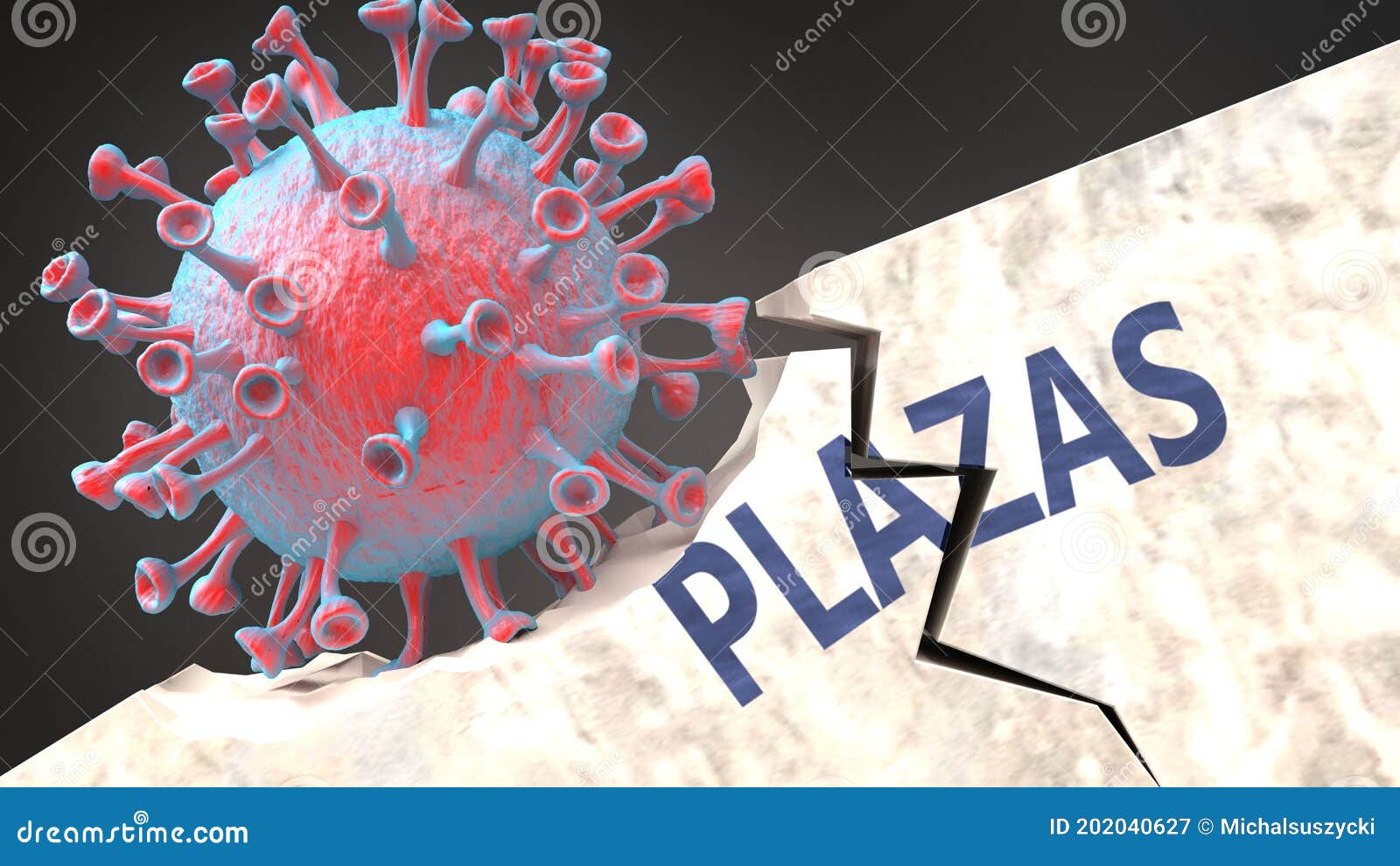 covid virus destroying plazas - big corona virus breaking a solid, sturdy and established plazas structure, to ize problems