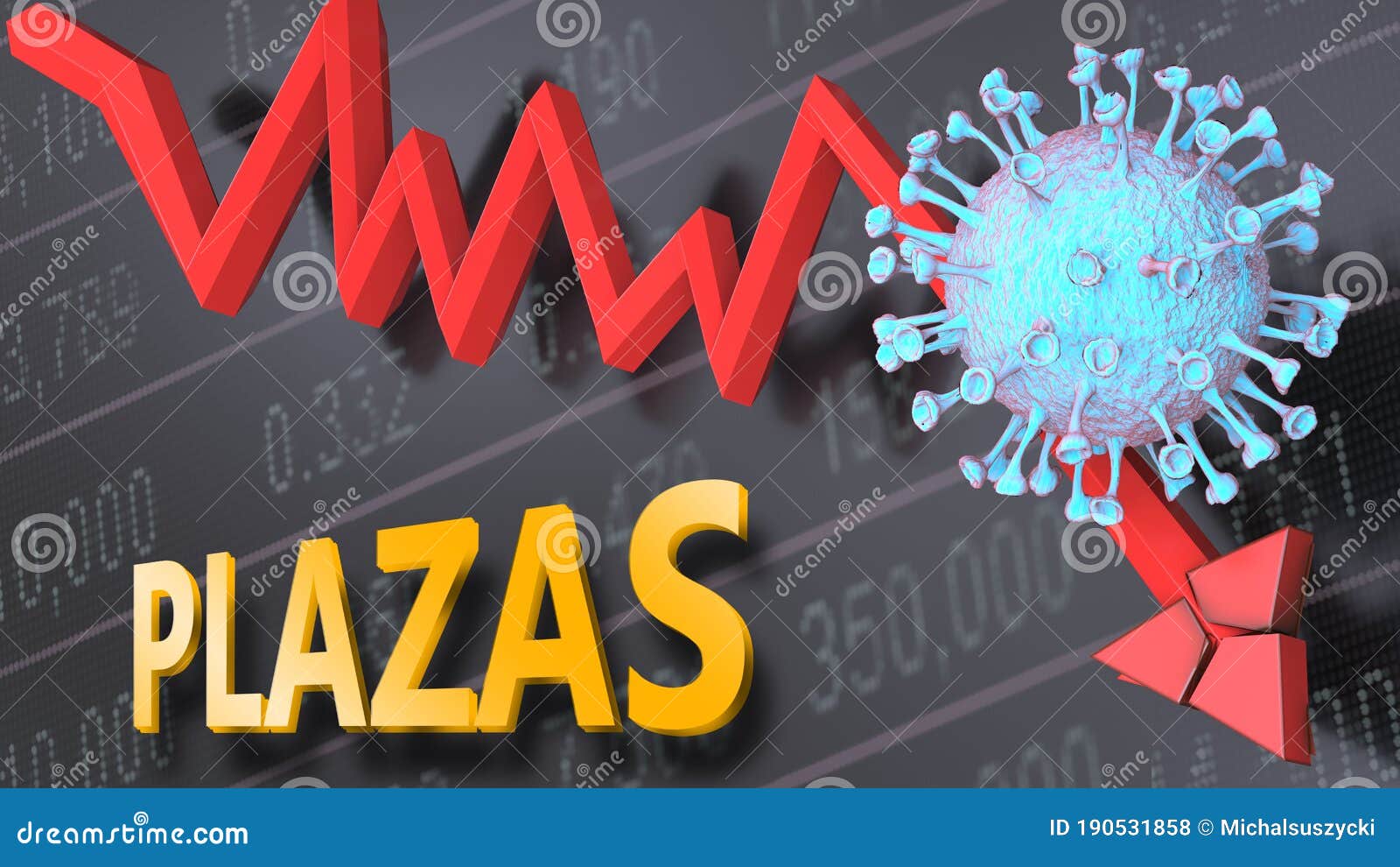 covid virus and plazas, ized by a price stock graph falling down, the virus and word plazas to picture that corona outbreak