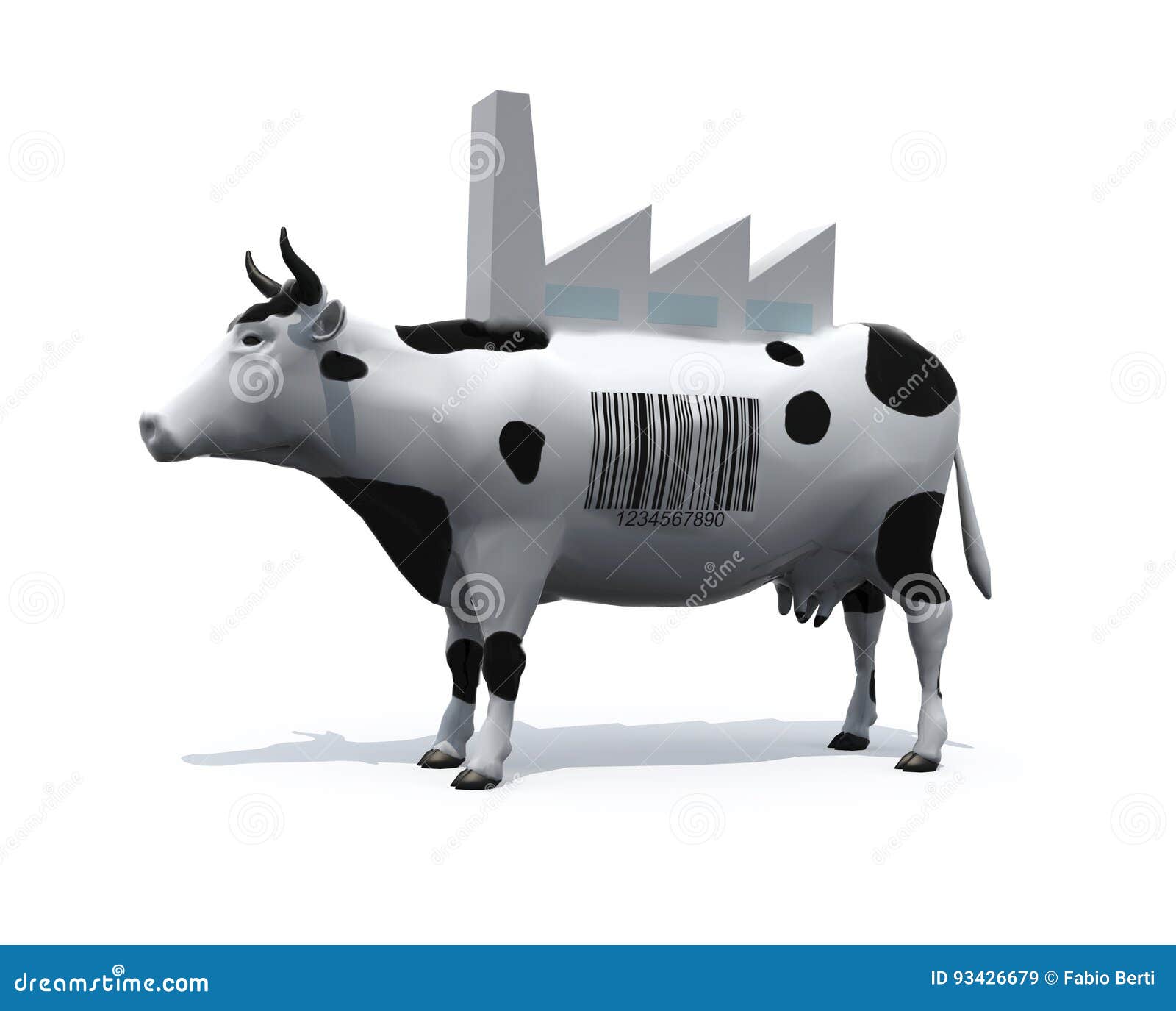 cow with a barcode on skin and a factory on his back