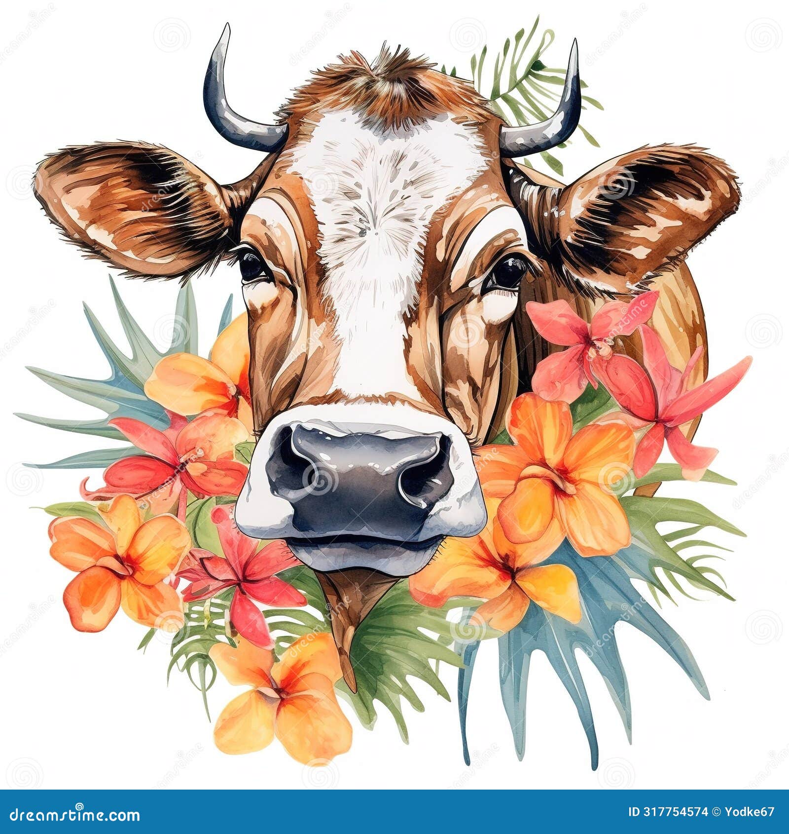 a cow head and beautiful tropical flowers on clean background. mammals. farm animals.