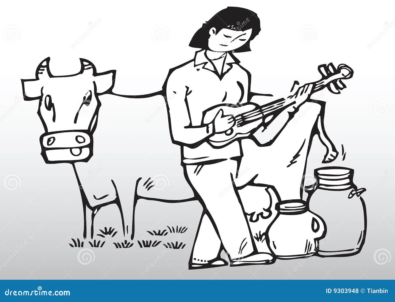 Cow music. Cartoon cow draw guitar hand image lady playing to