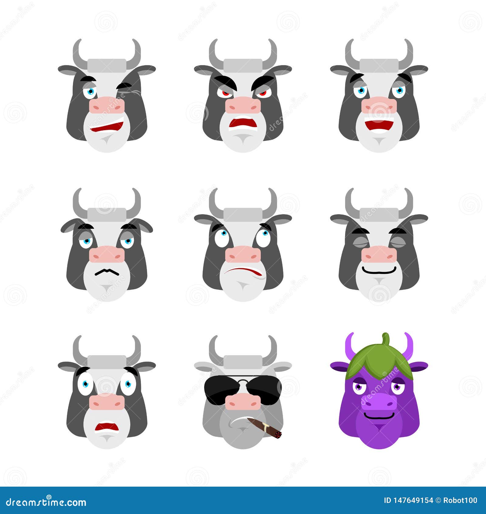 Cat set emoji avatar. sad and angry face. guilty and sleeping. Pet sleeping  emotion face. Kitty Eggplant. Vector illustration Stock Vector