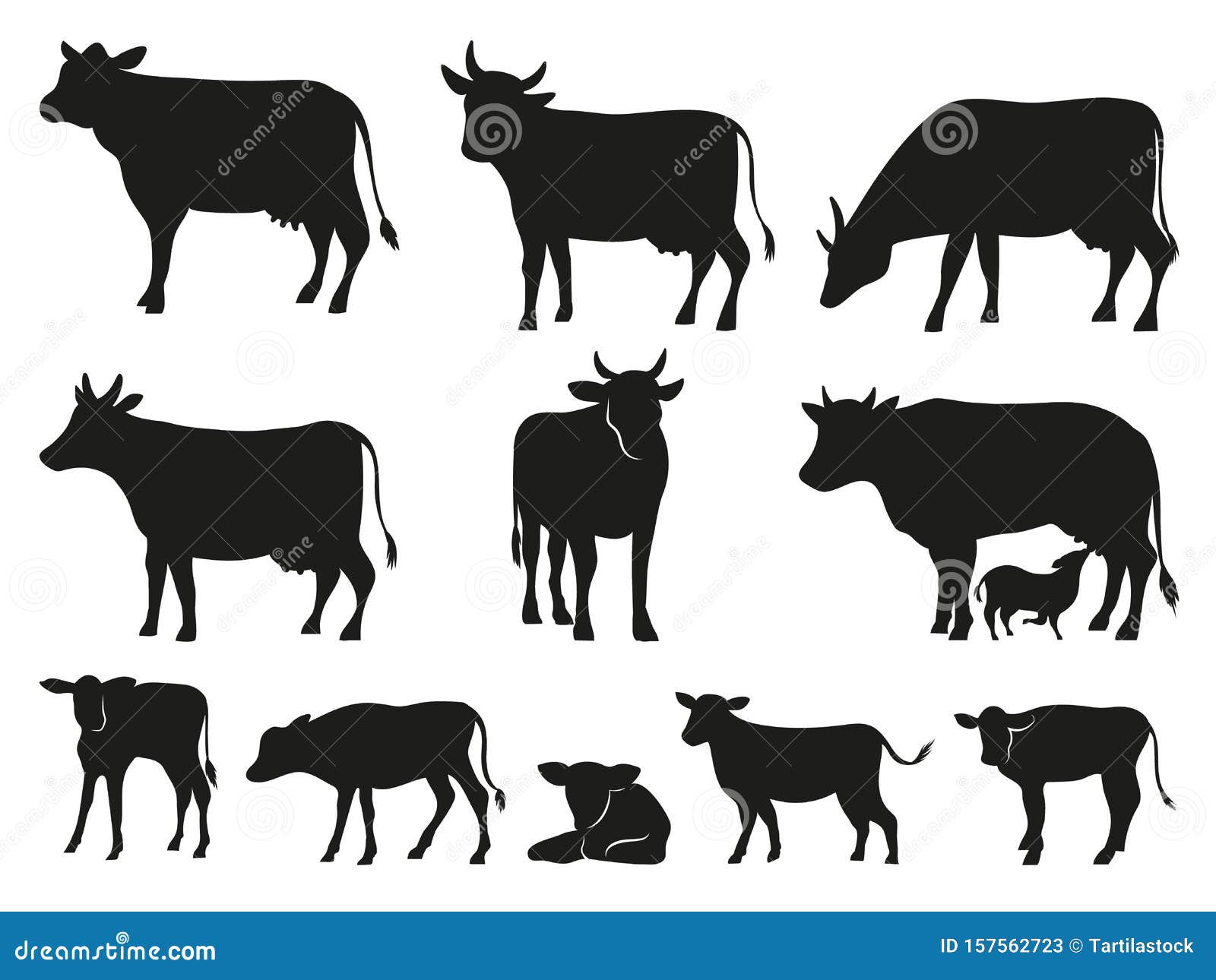 cow silhouette. black cows and calf mammal animals  icons set