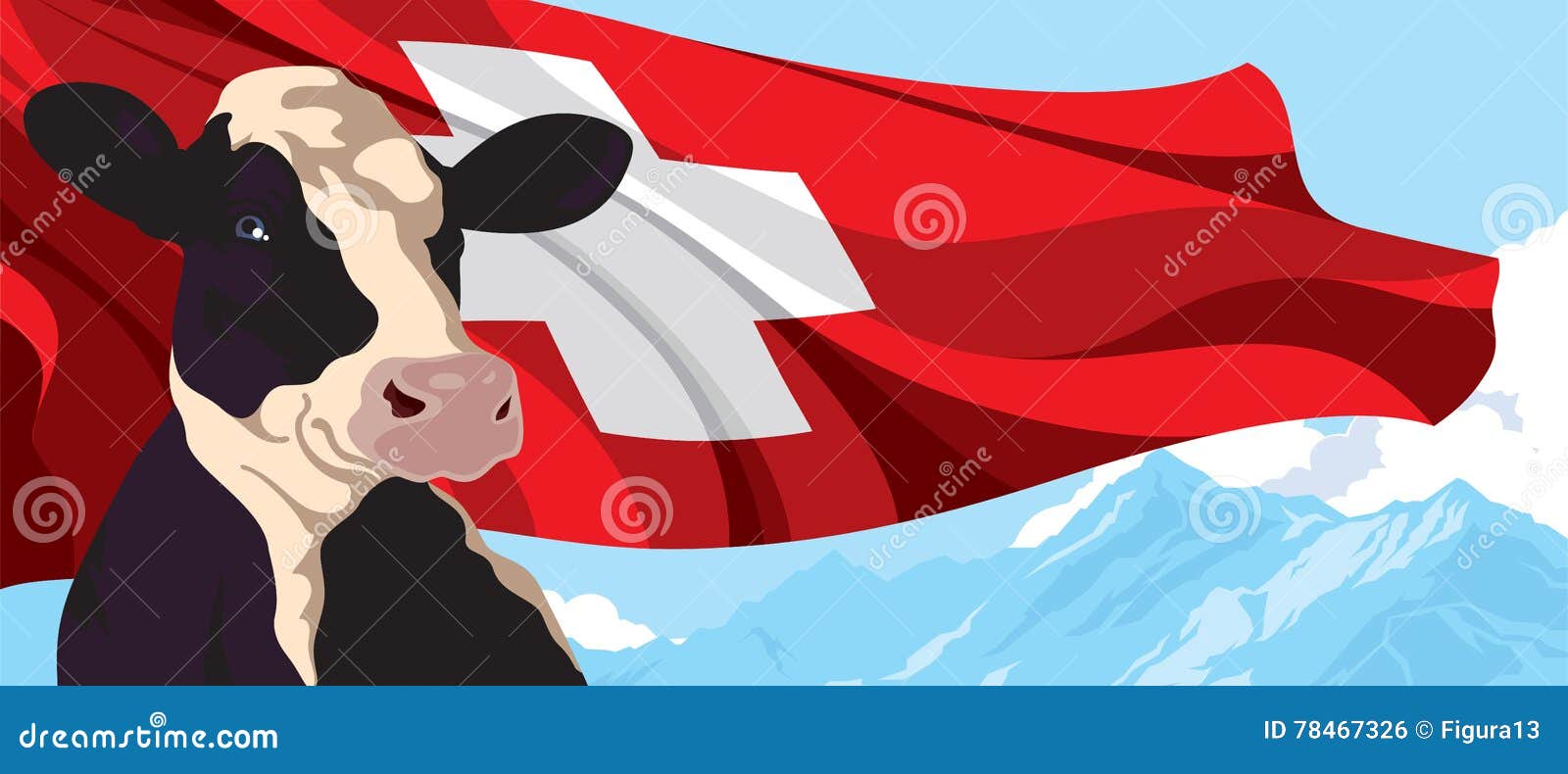 Cow, Swiss Flag and Mountains Stock Vector - Illustration of nature
