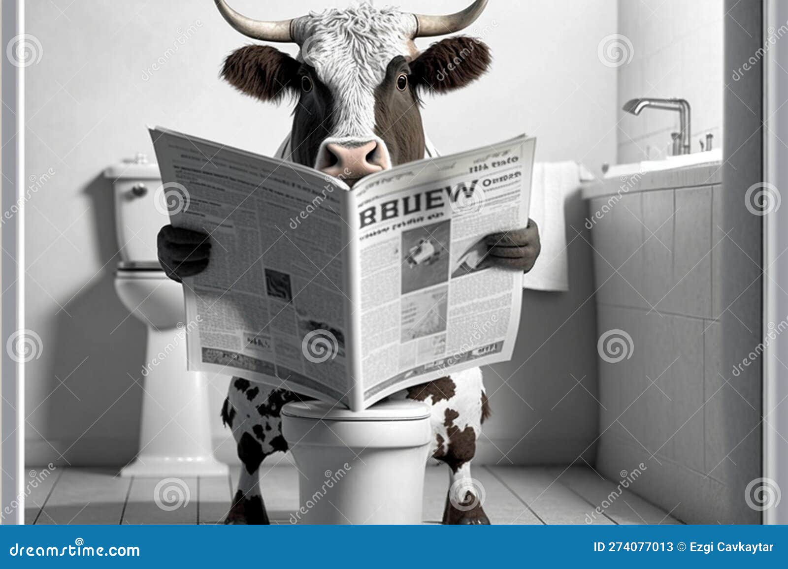 Cow on Toilet Reading Newspaper, Generative Ai Stock Illustration