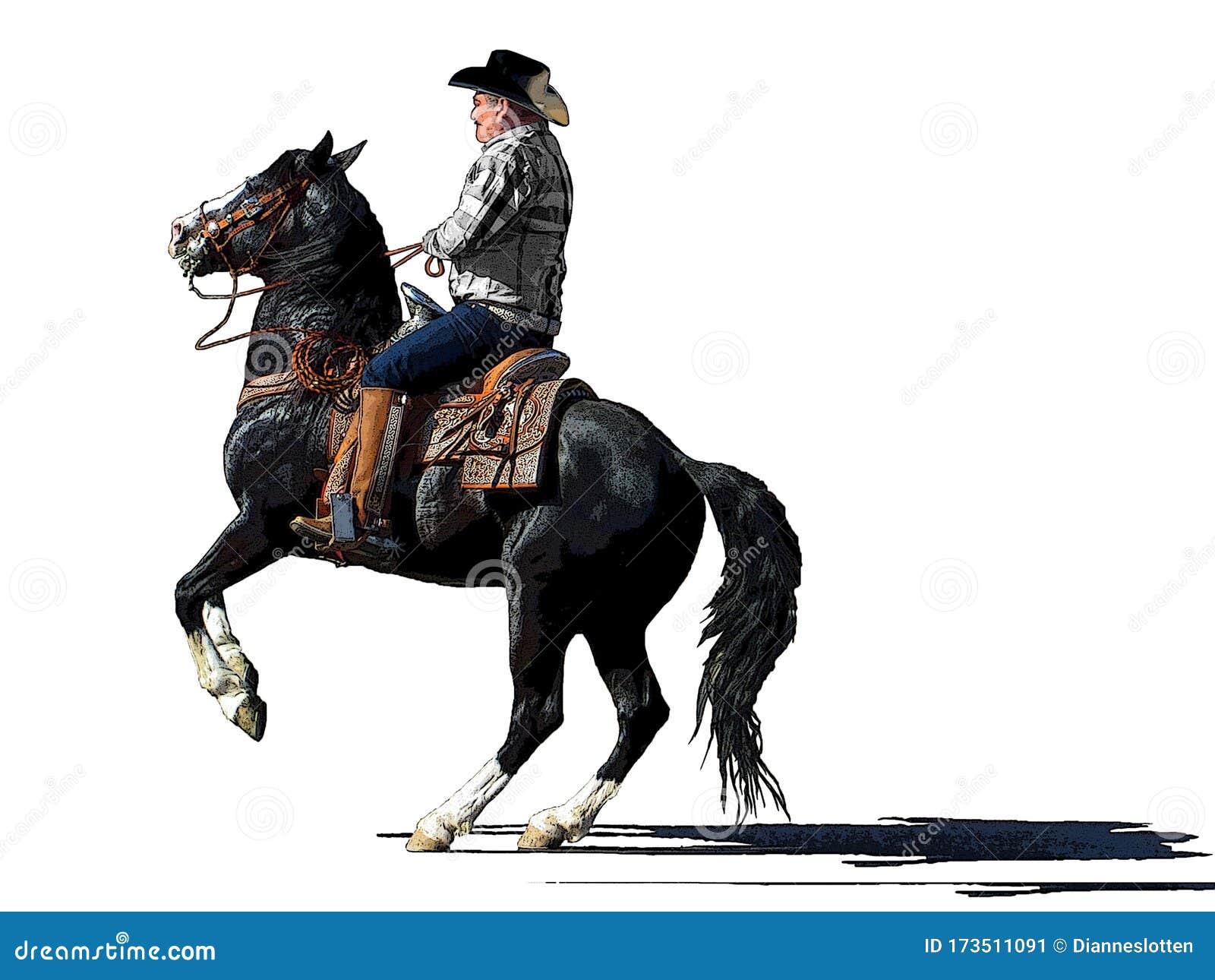 western cowboy riding a rearing black horse