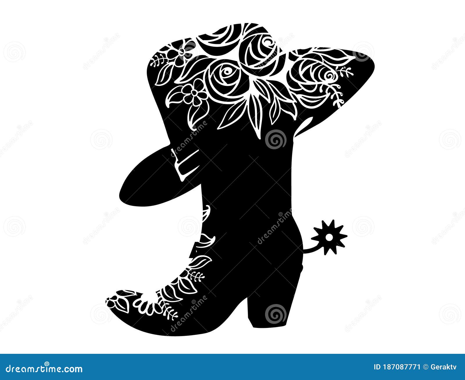 cowboy boot black silhouette for text or decoration.  cowgirl party printable   on white. western boot