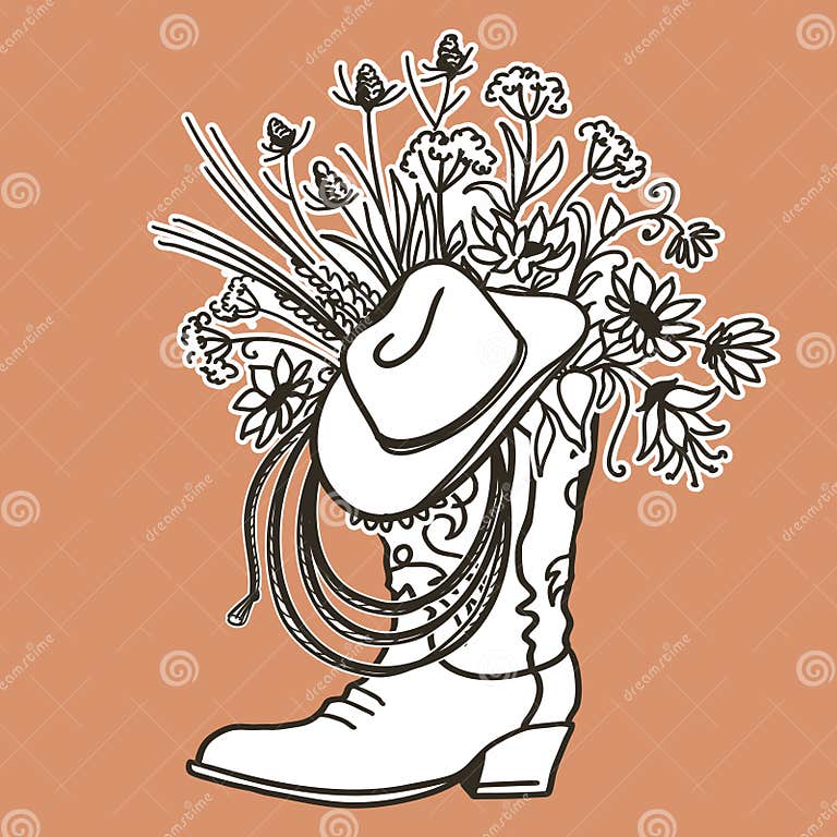 Cowboy Boot with Flowers and Cowboy Hat and Lasso Decor. Sketch Hand ...