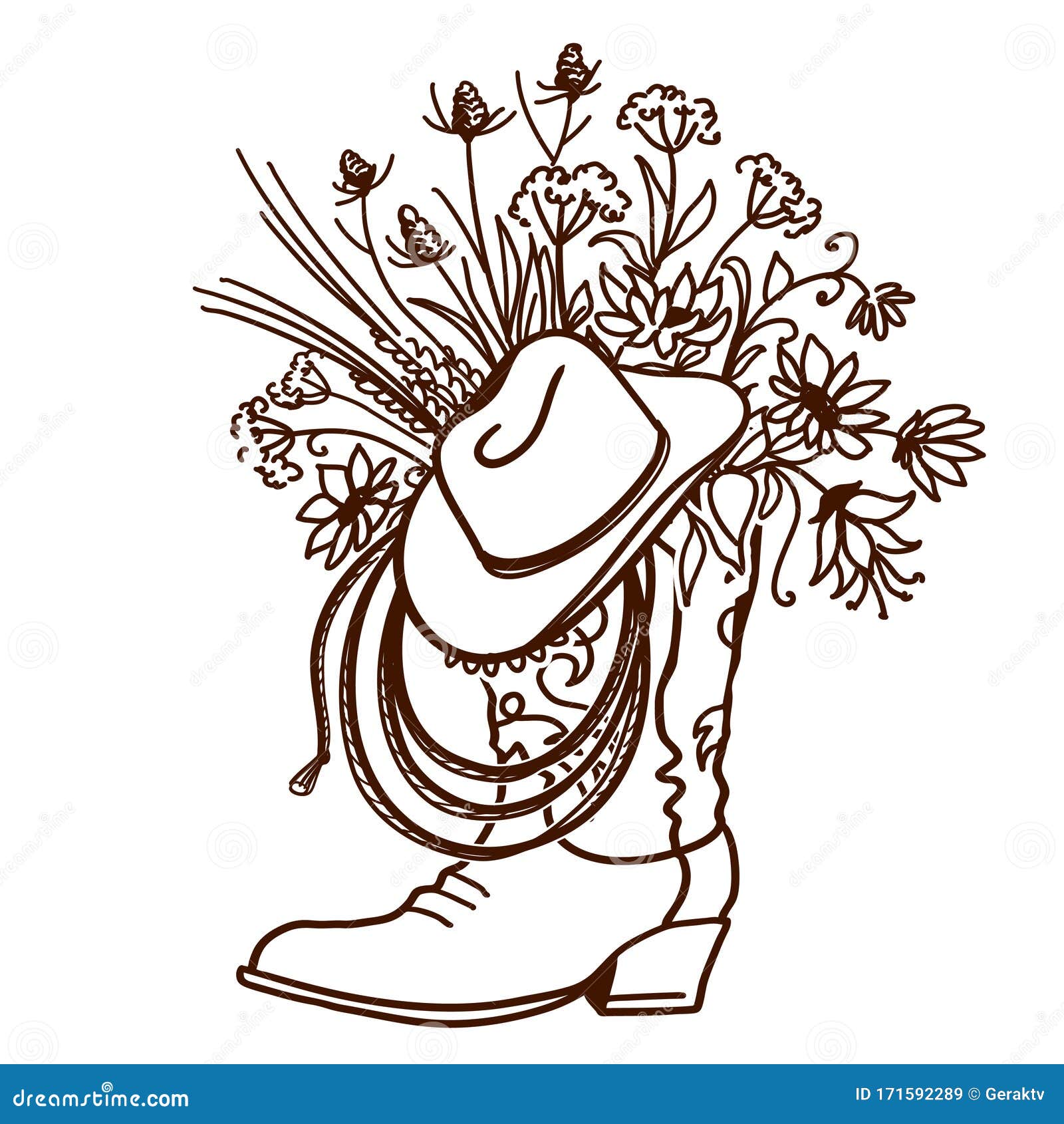 Cowboy Hat And Boots And Rope Drawing