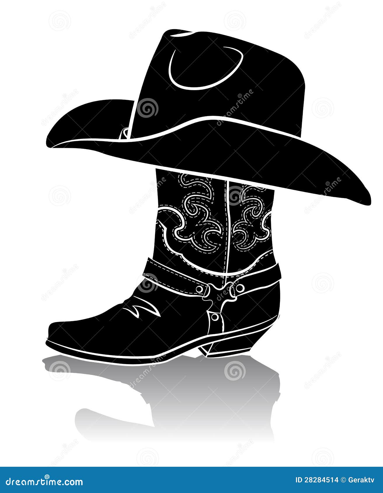 Cowboy Boot and Western Hat.Black Graphic Stock Vector Illustration