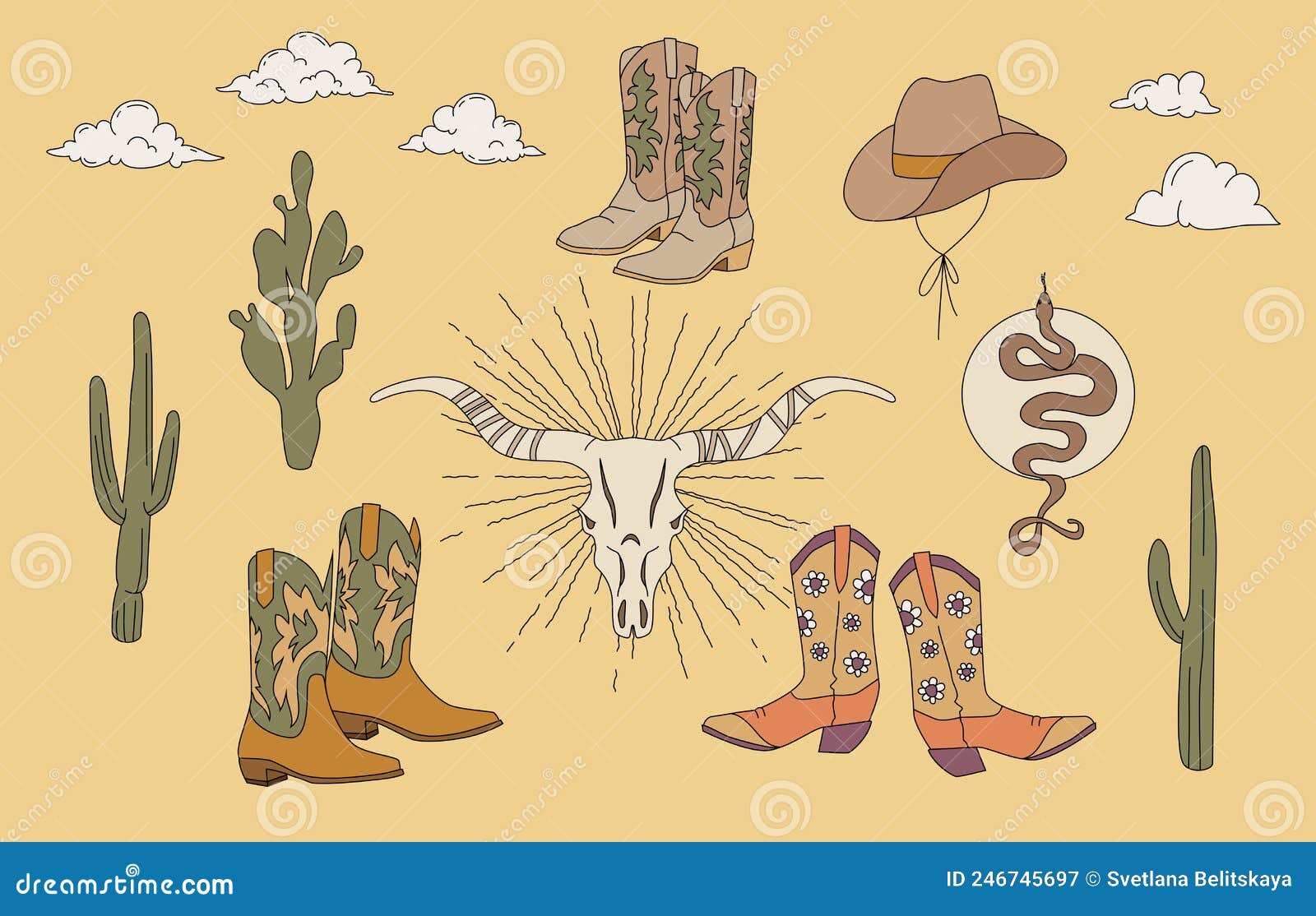 Cowboy Boots and Hat Western Boho Stock Vector - Illustration of design ...