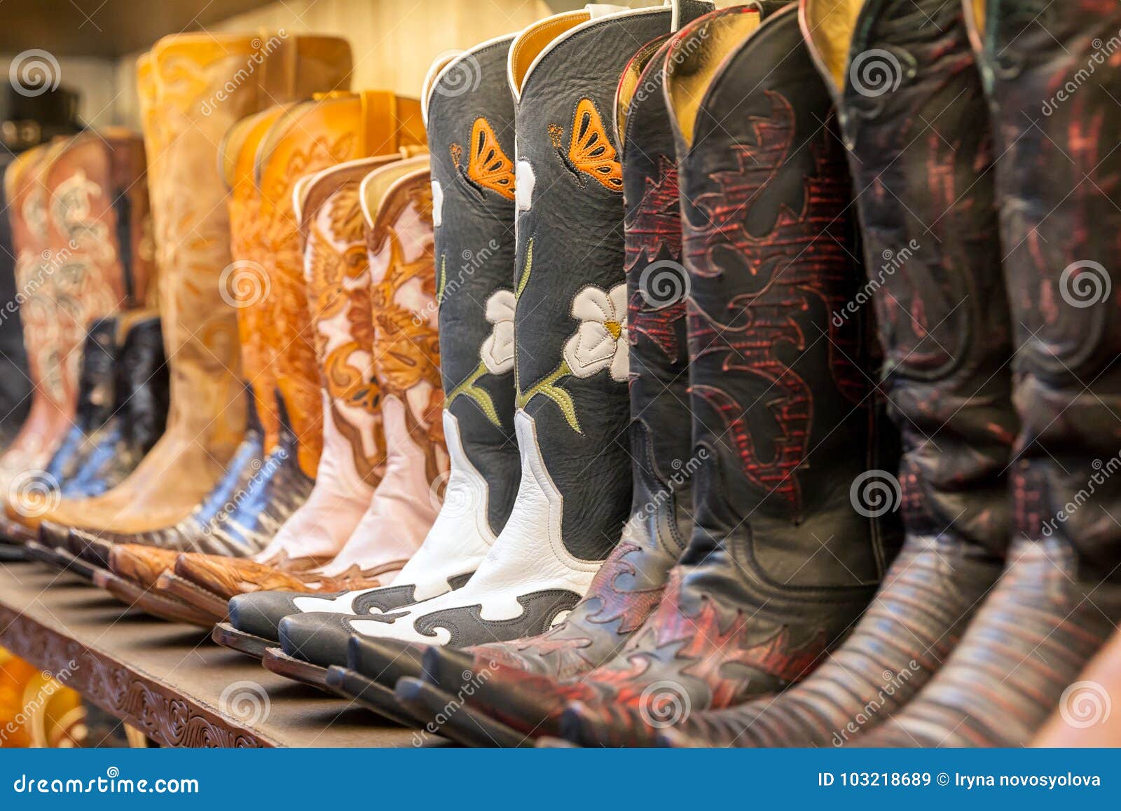 Cowboy Boots on a Shelf in a Store Aligned Stock Image Image of