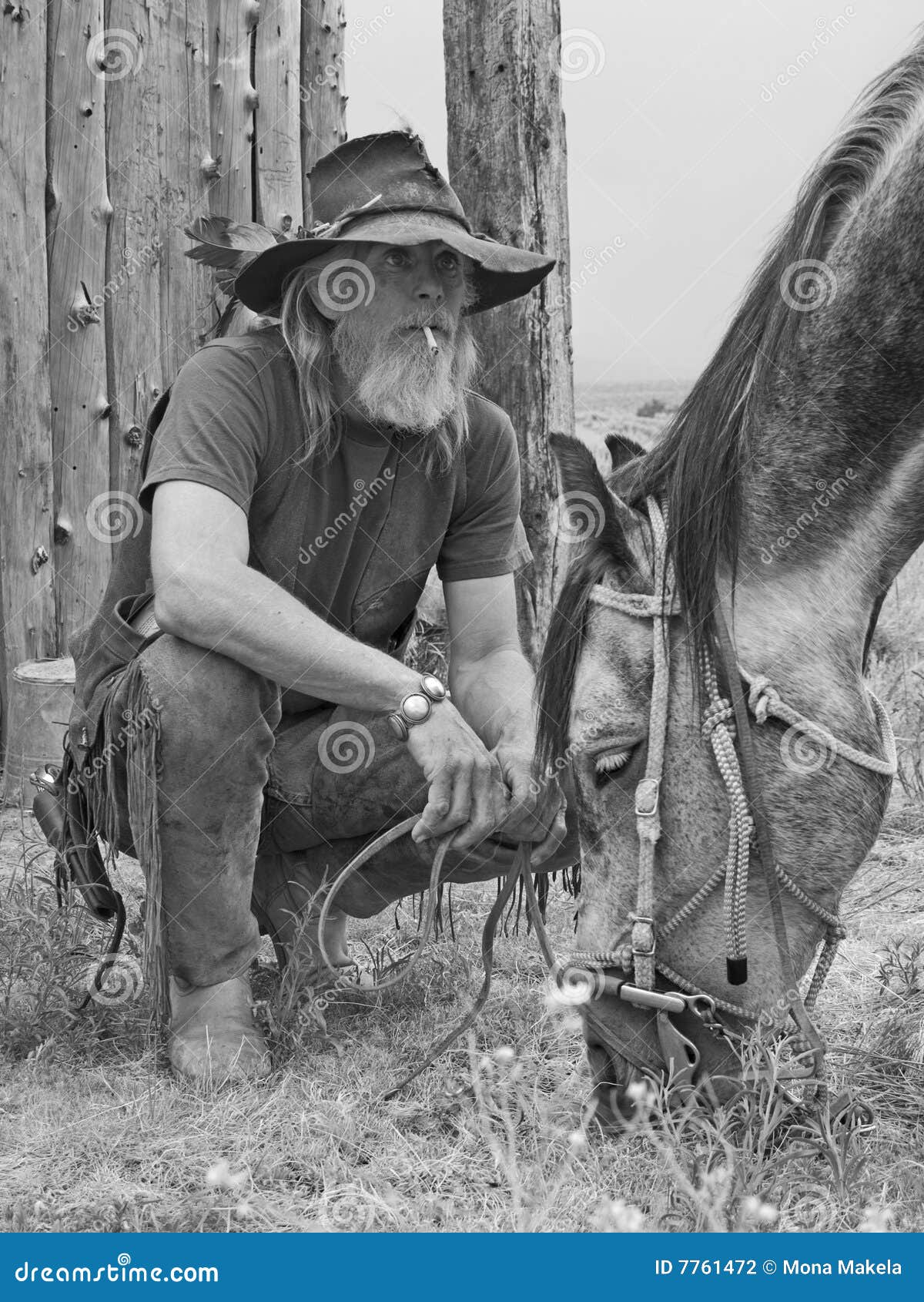 Cowboy e seu cavalo foto de stock. Imagem de barba, rachaduras 7761472