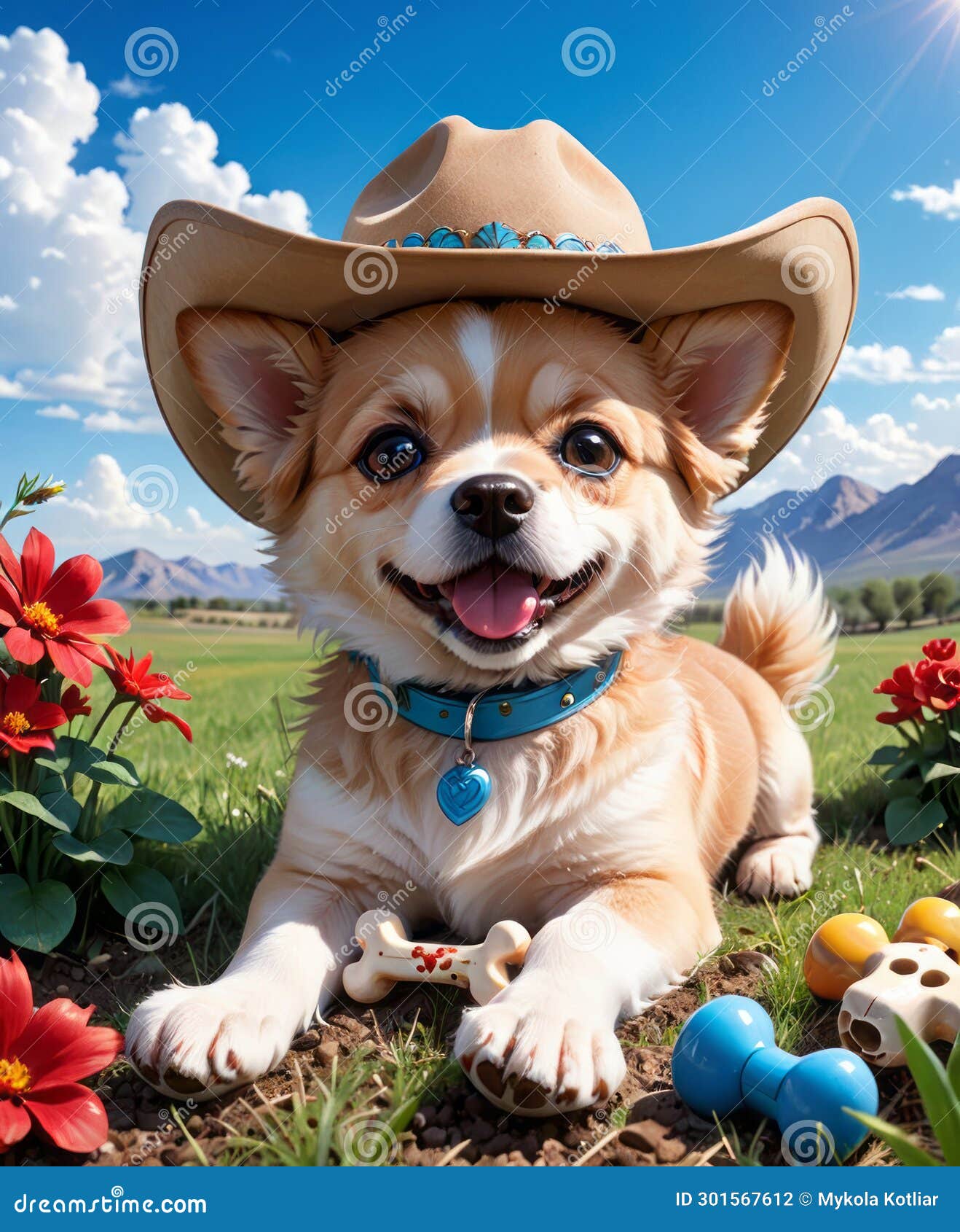 Cowboy Hat Dog in Flower Field Stock Photo Image of mountains, rural