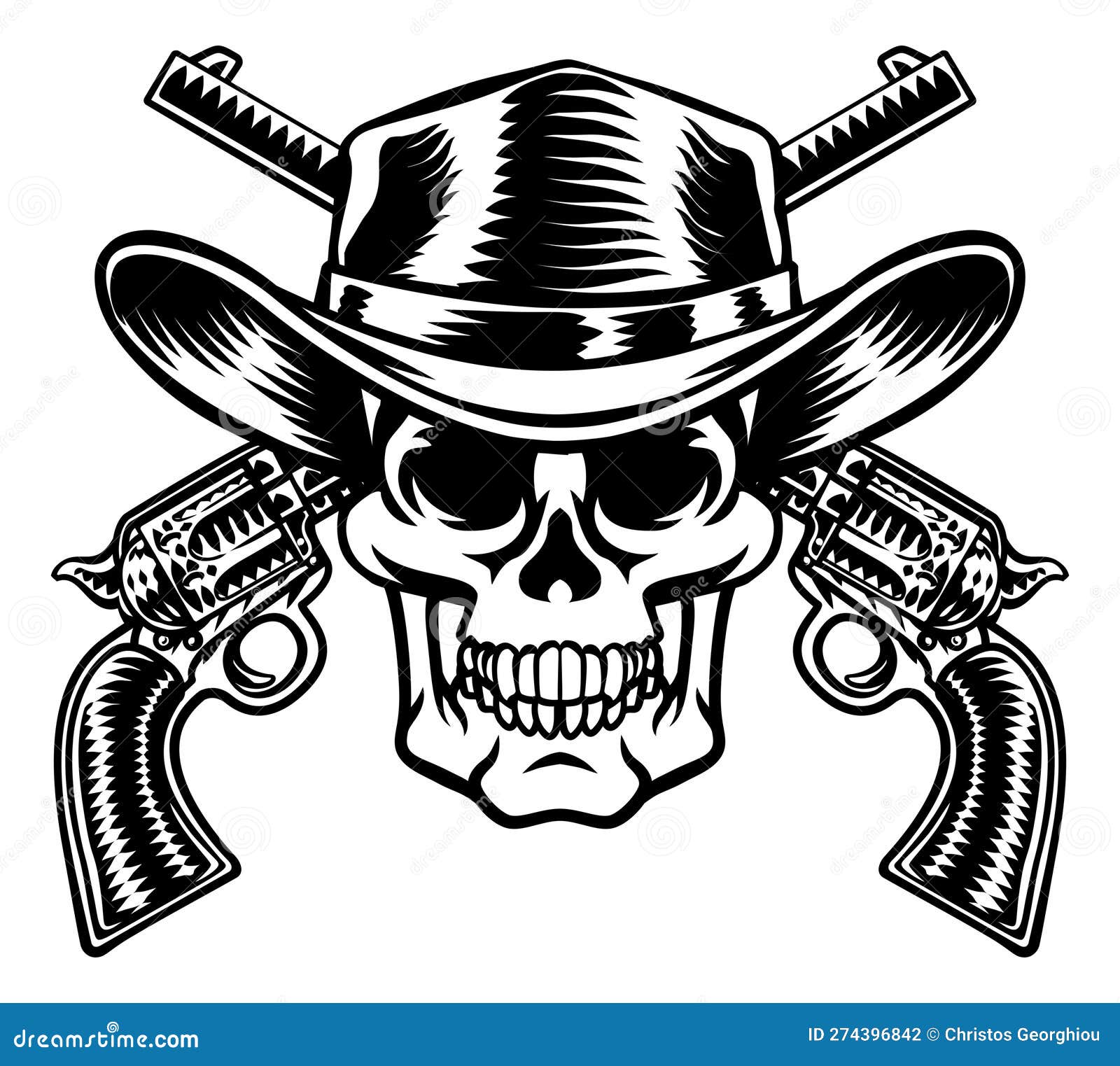Cowboy Hat Pistols Skull Pirate Cross Bones Stock Vector - Illustration ...