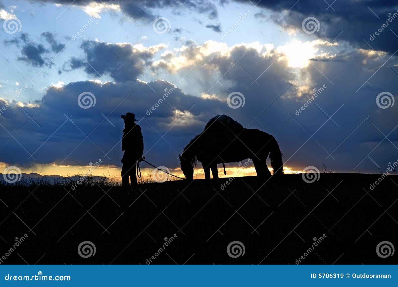 Cowboy With Pack Horses Silhouette Stock Image 213557173