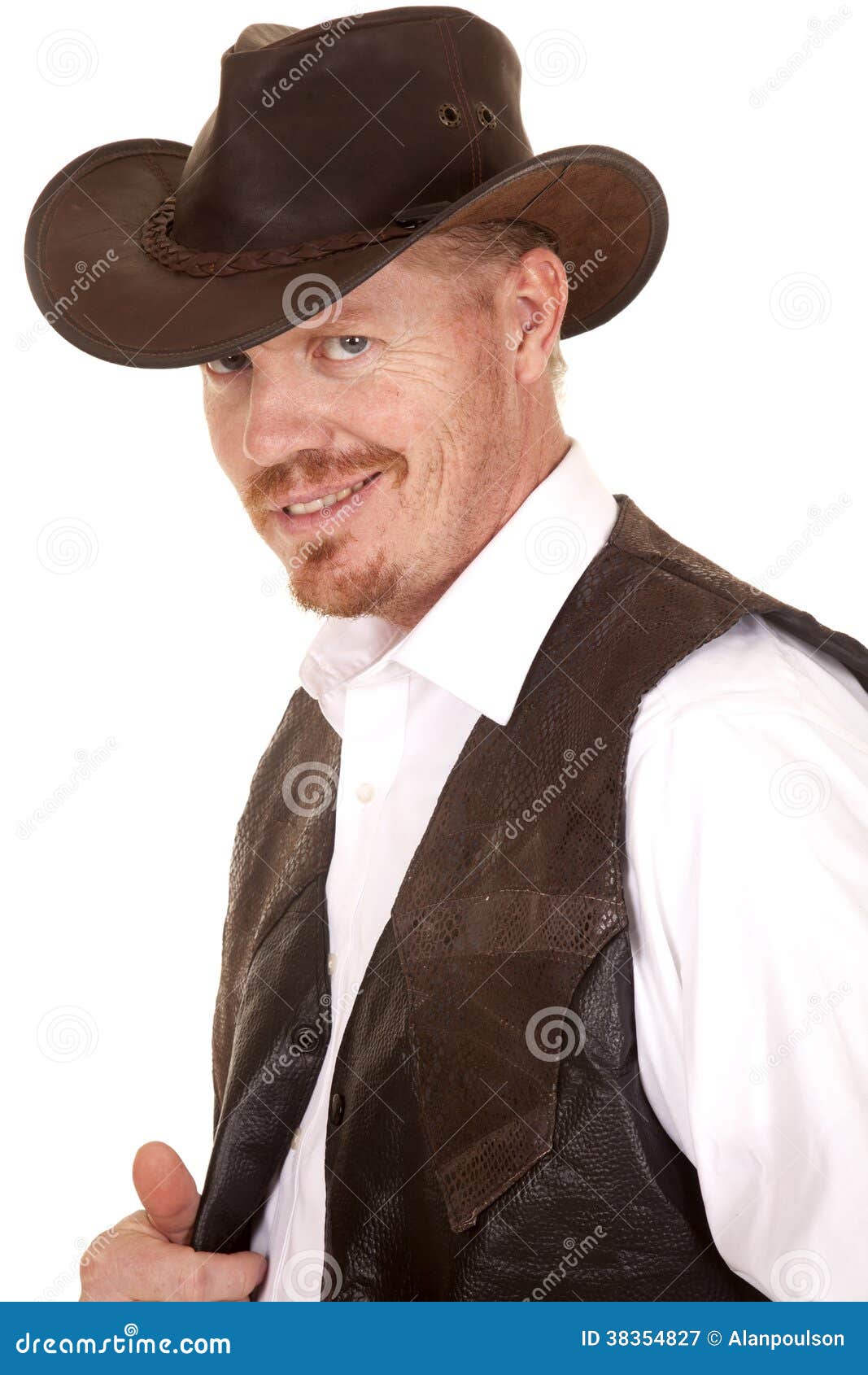 cowboy in vest and hat look smirk smile