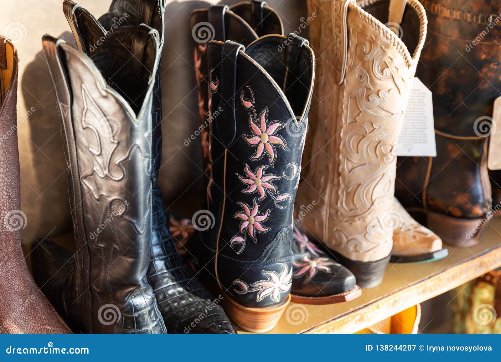 Cowboys Boots on a Shelf in a Store, Aligned Stock Image Image of