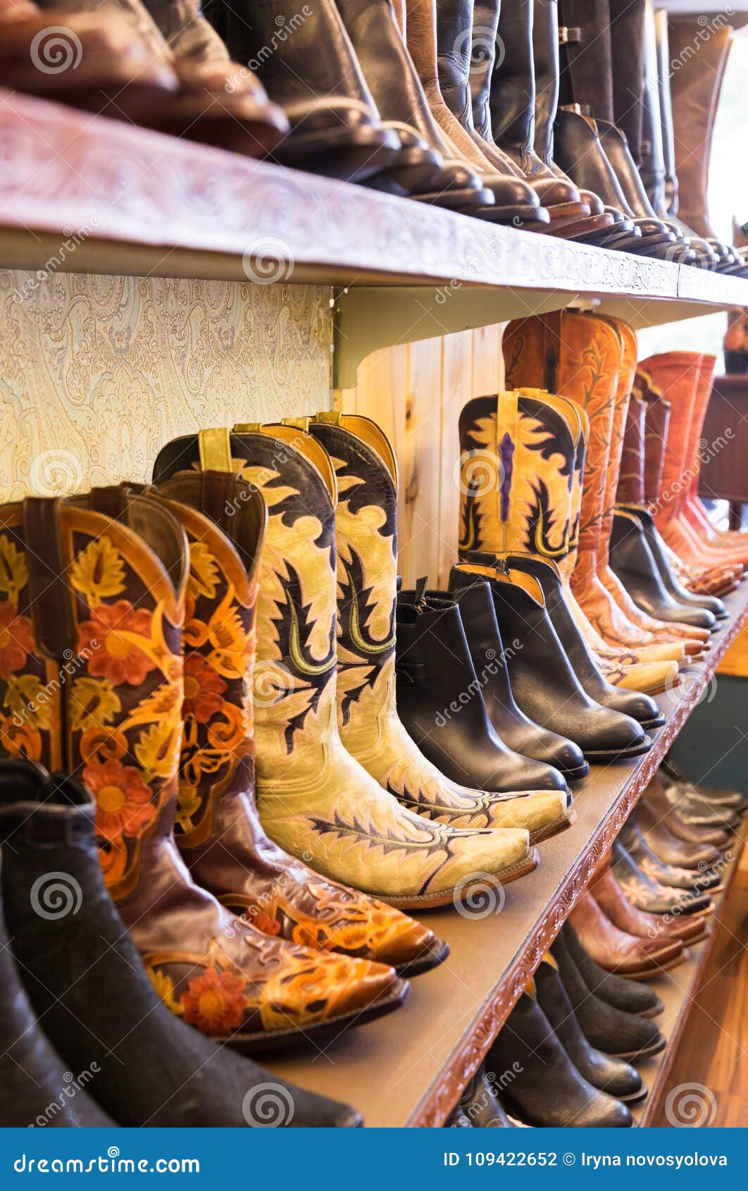 Cowboys Boots on a Shelf in a Store, Aligned Stock Photo Image of