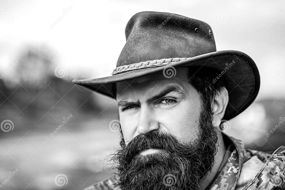 Cowboys in Hat. Handsome Bearded Macho. Man Unshaven Cowboys. American