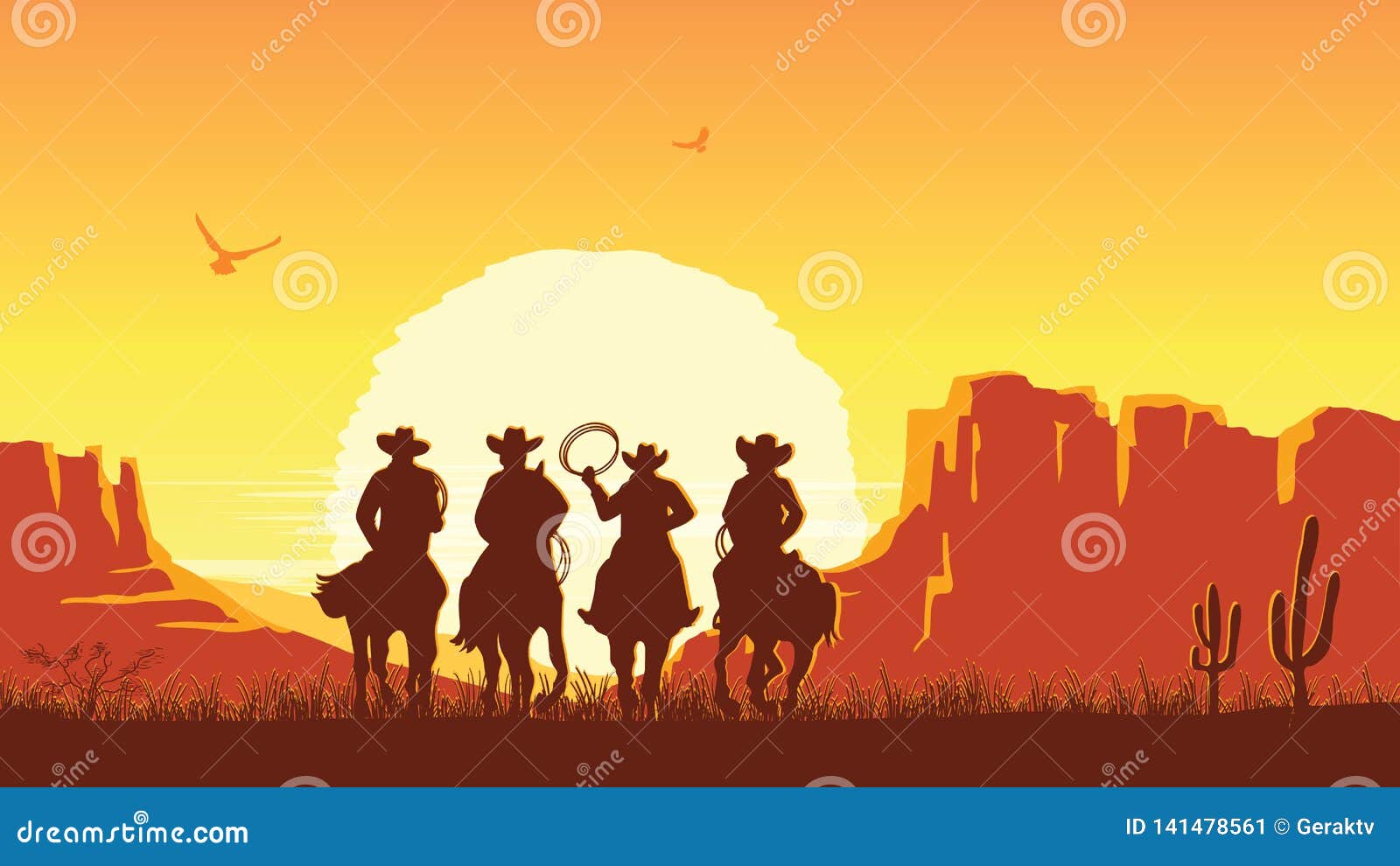 cowboys riding horses at sunset.  prairie landscape with sun