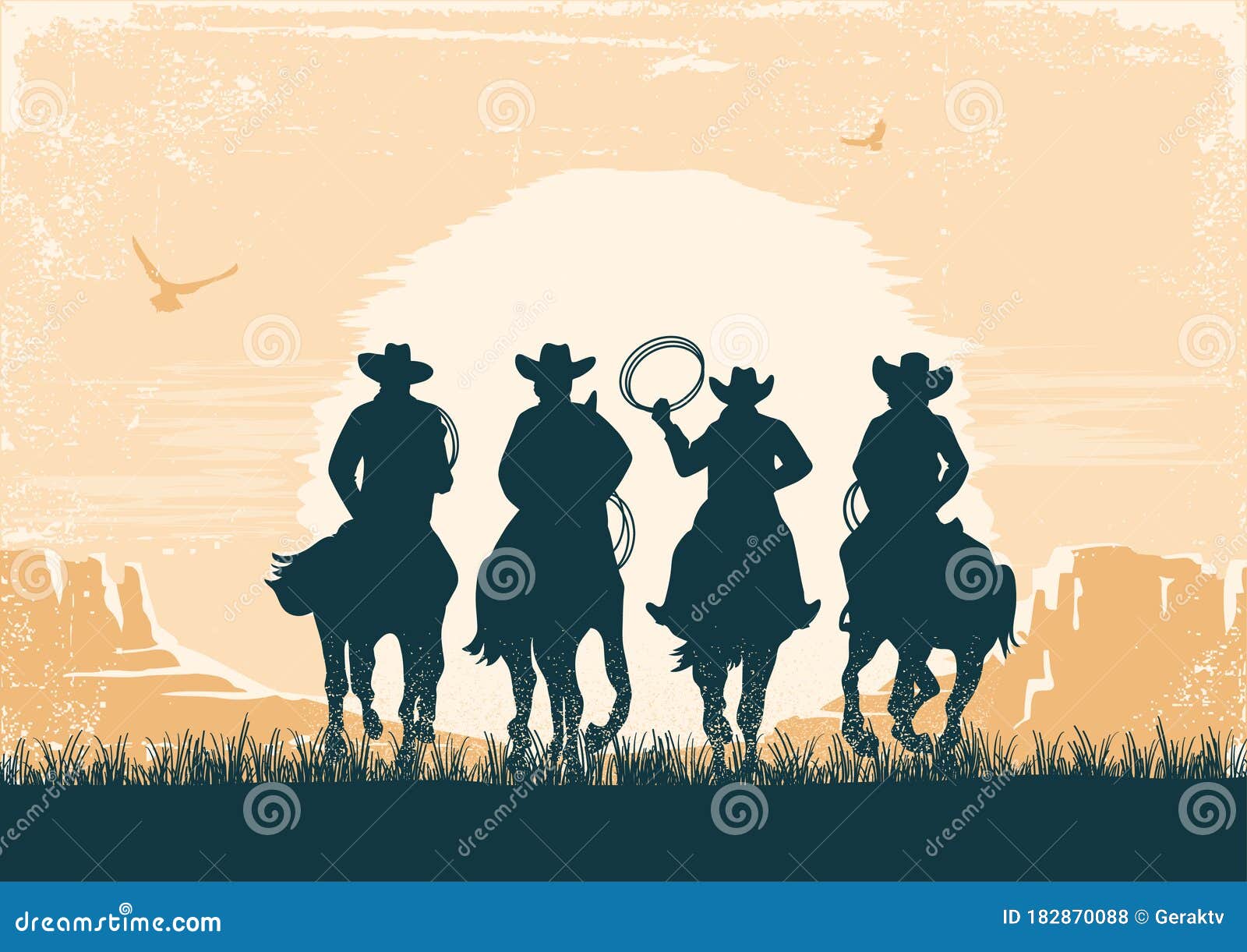 cowboys silhouette riding horses at sunset landscape. vintage  prairie desert with sun and canyon on old paper texture