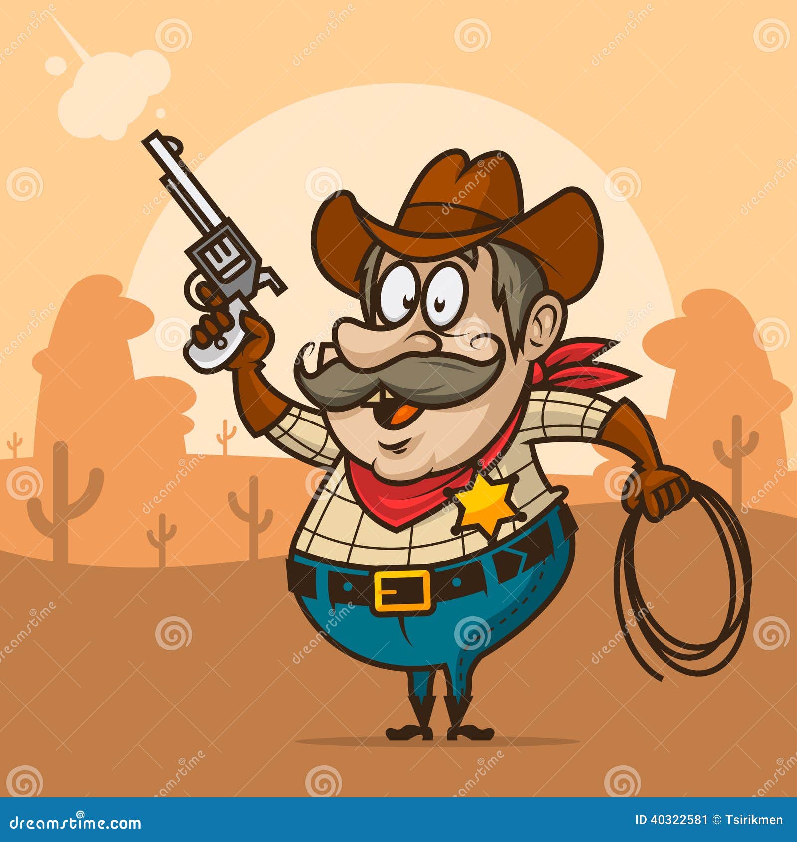 Cowboysheriffforsar från pistolen och att le