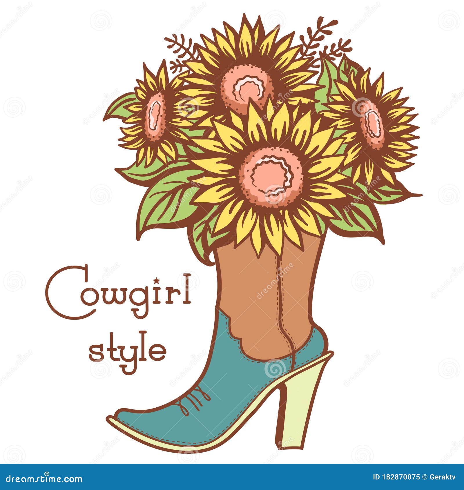 Cowgirl Boot With Floral Bouquette And Text Ladies Cowboy Color Vector