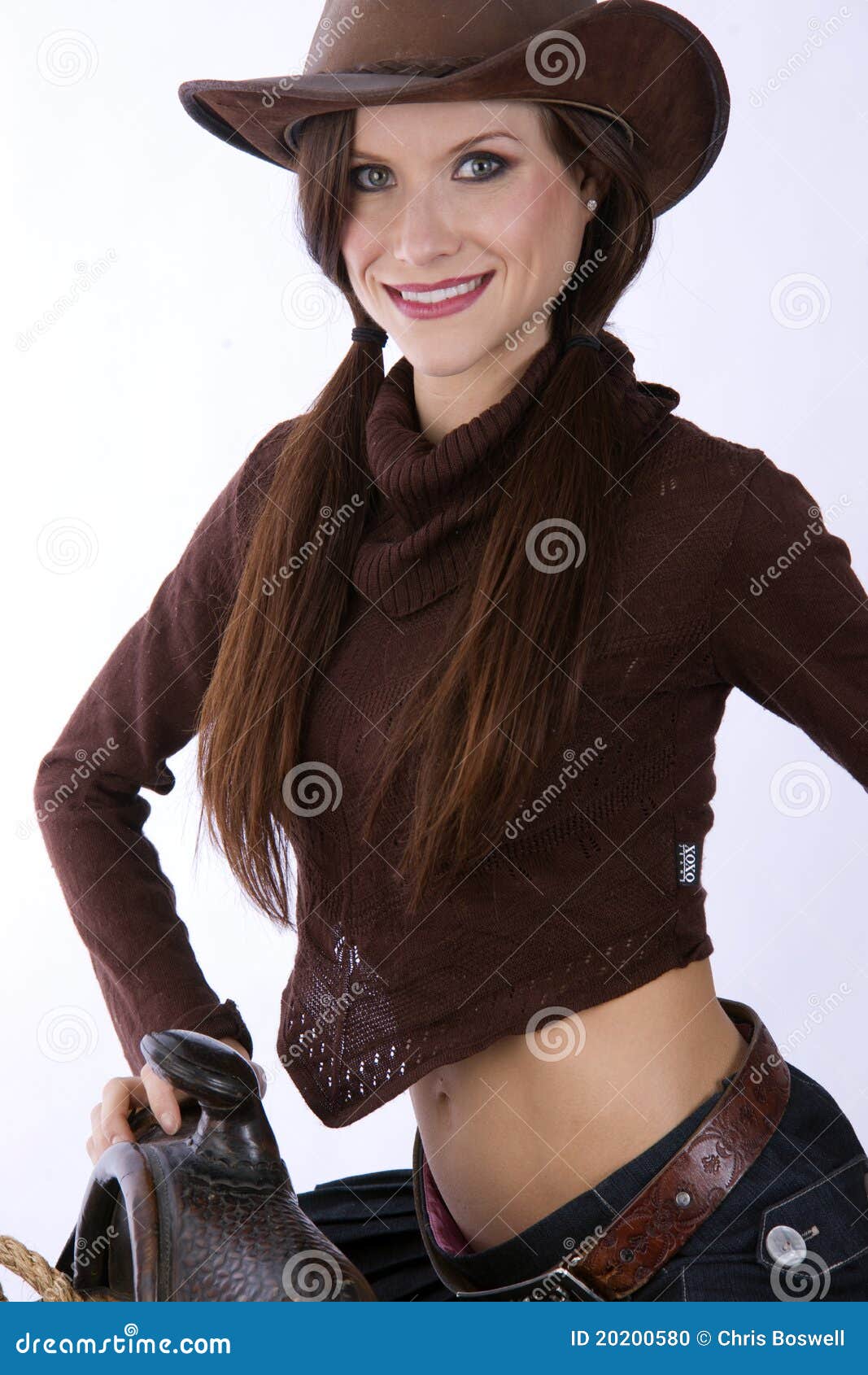 Cowgirl Brown Cowboy Hat Mounted Saddle Stock Photo Image of youthful