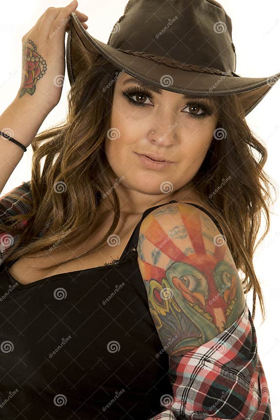 Cowgirl With Colorful Tattoos Hold Hat Look Close Stock Image Image Of Pleasure Cowgirl 54314961