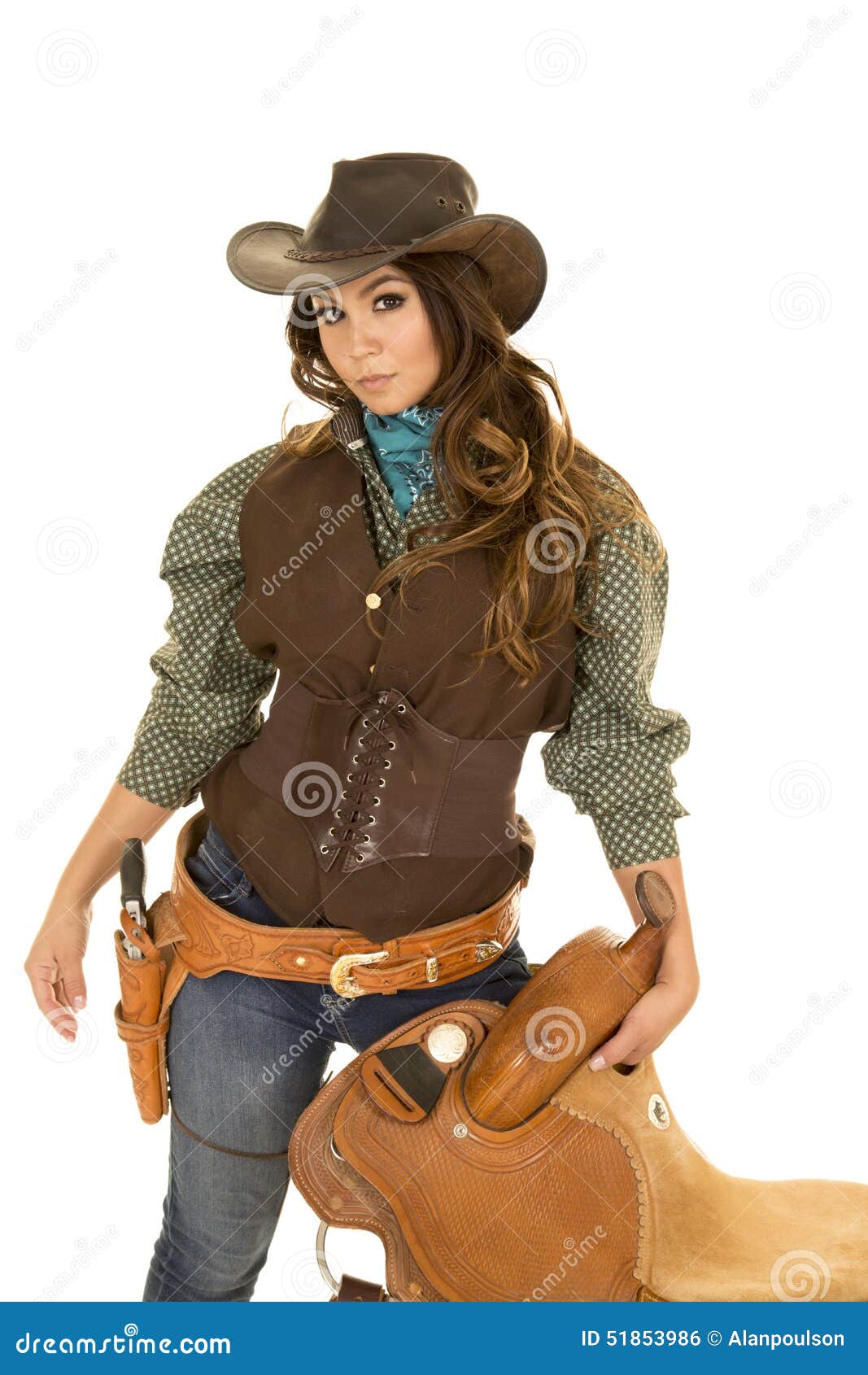Cowgirl Holding Saddle Hand B