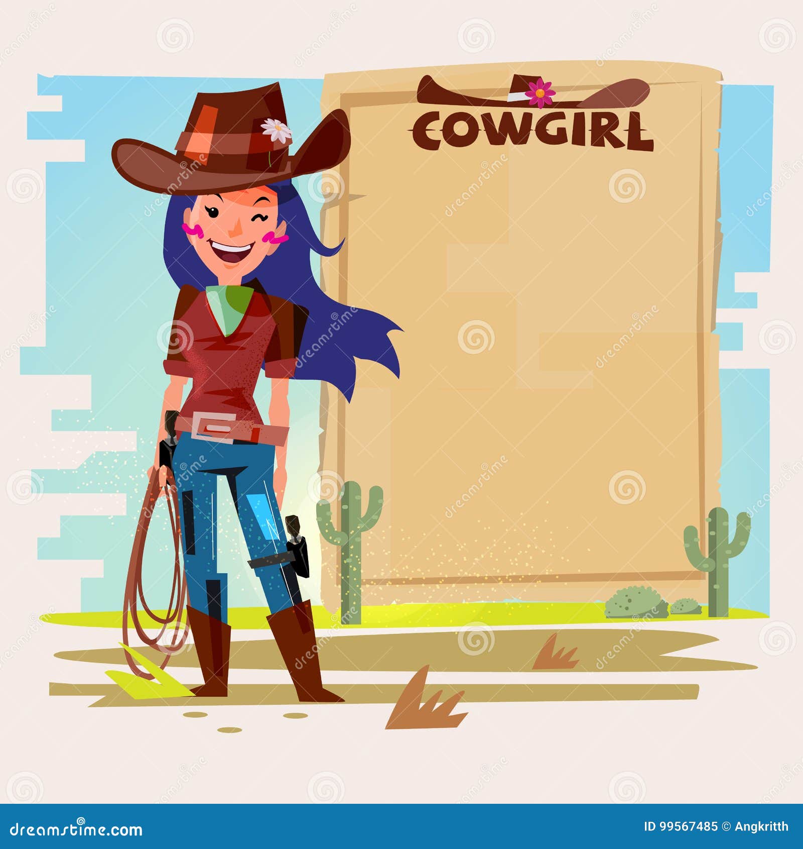 Cowgirl with Lasso with Paper To Presentation. Wanted Concept