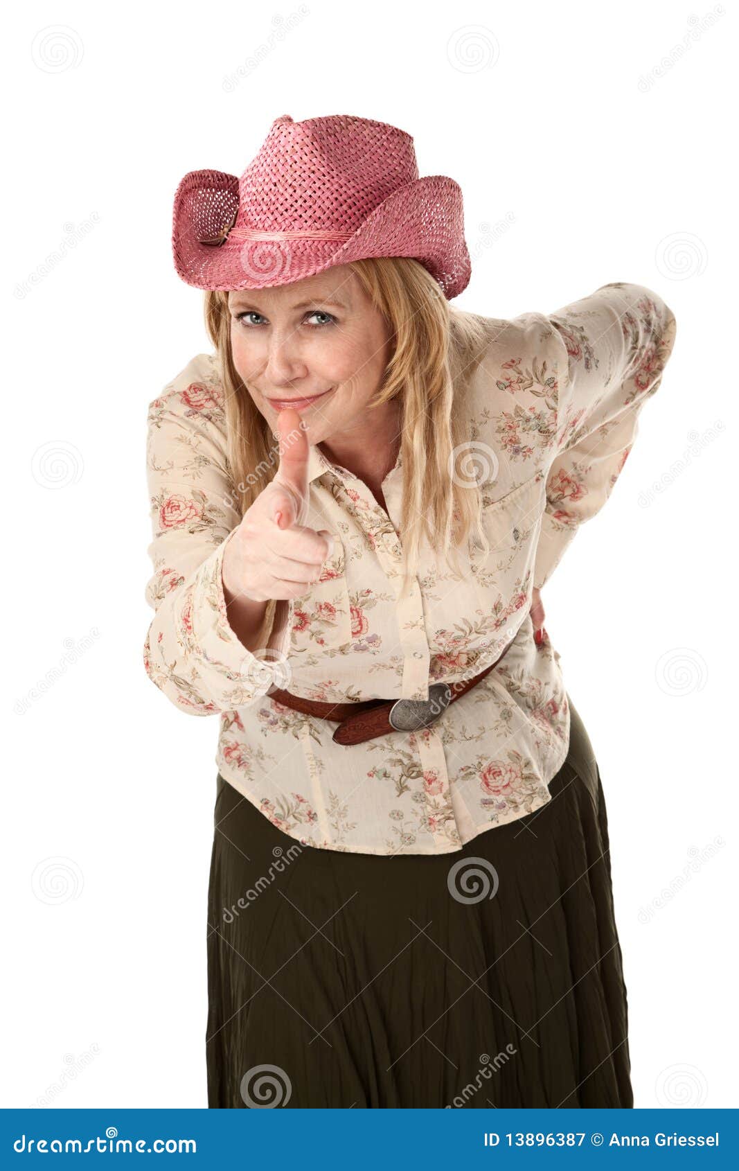 Cowgirl With Pink Straw Hat Stock Image Image of aged, gesture 13896387