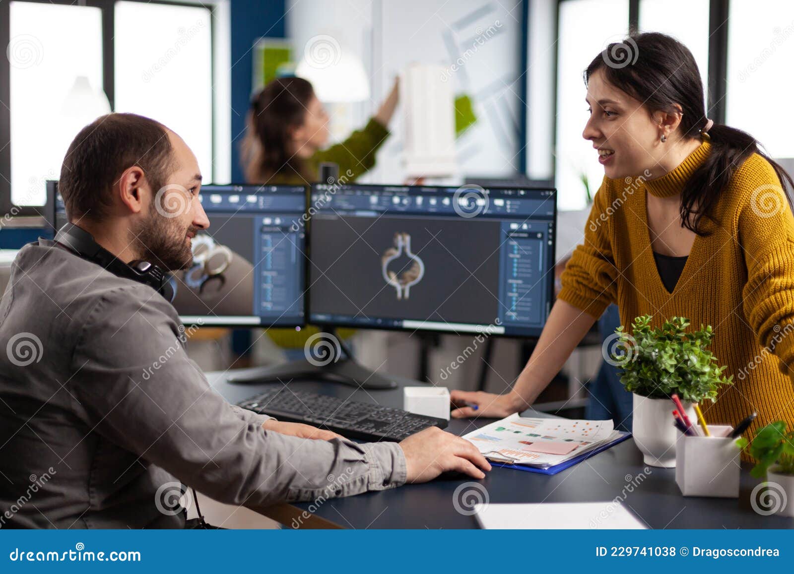 Coworkers Engineer Working on Modern Cad Program Stock Photo Image of